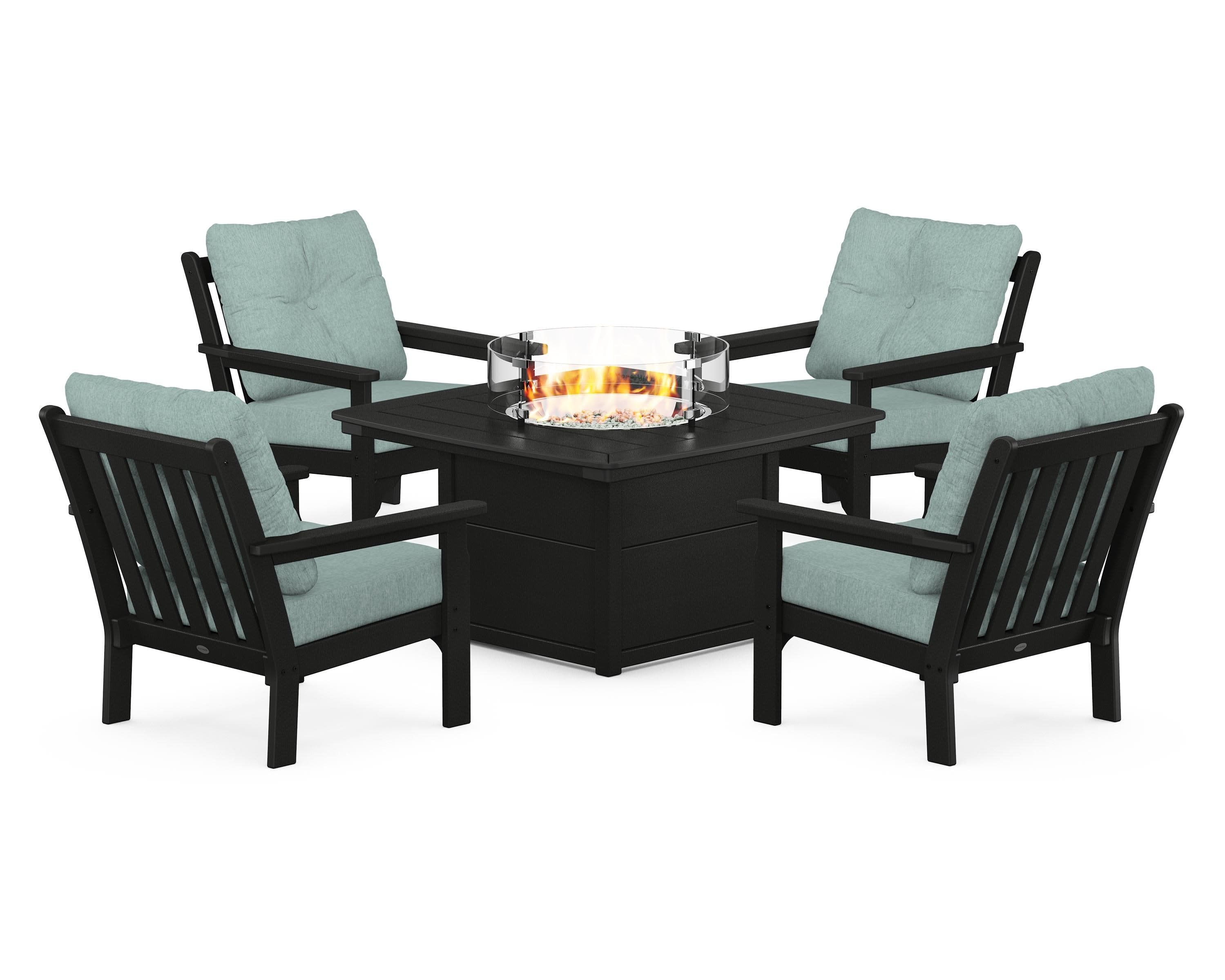 Vineyard 5-Piece Conversation Set with Fire Pit Table in Black / Glacier Spa