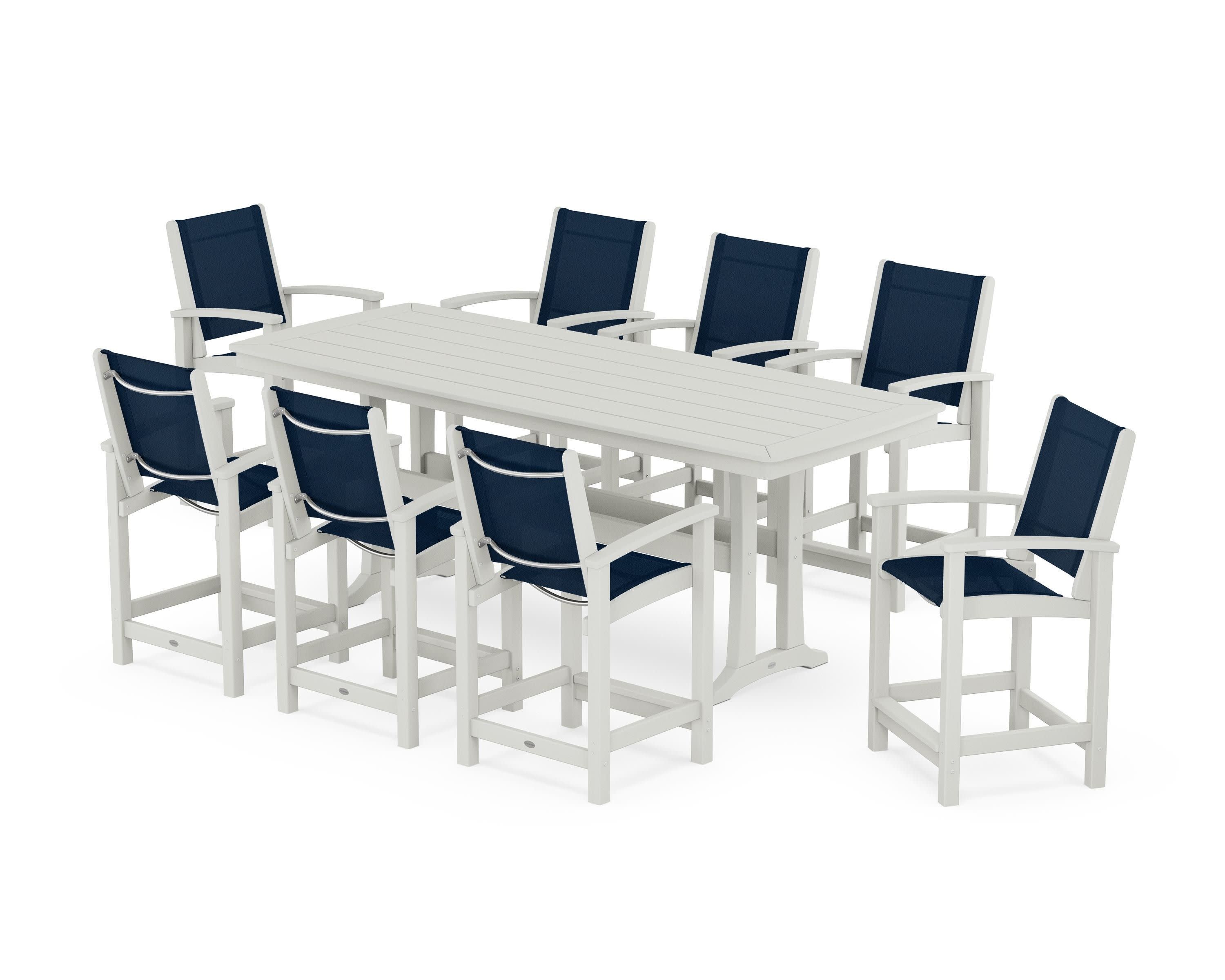 Coastal 9-Piece Counter Set with Trestle Legs in Vintage White / Navy Blue Sling