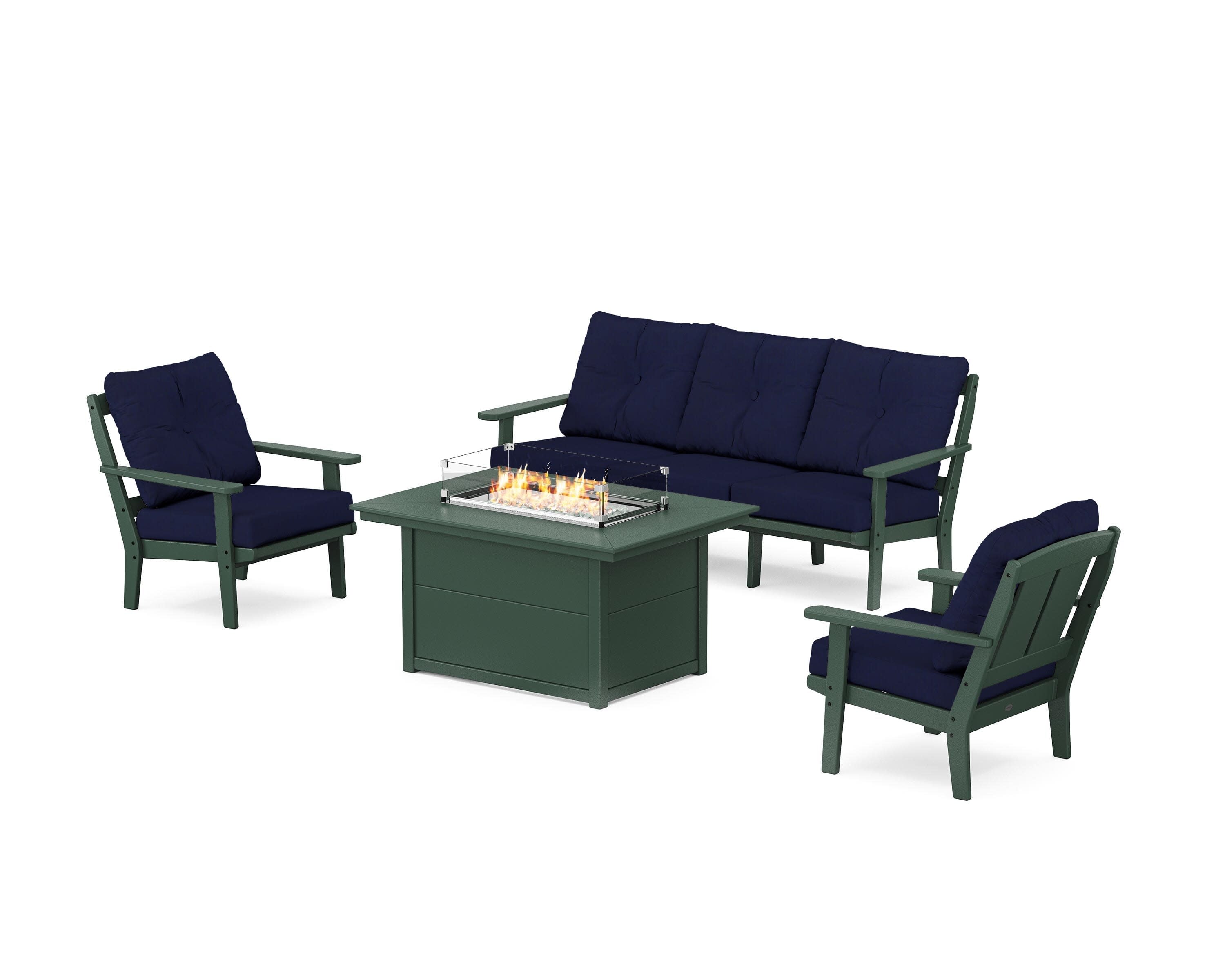 Mission Deep Seating Fire Pit Table Set in Green / Navy
