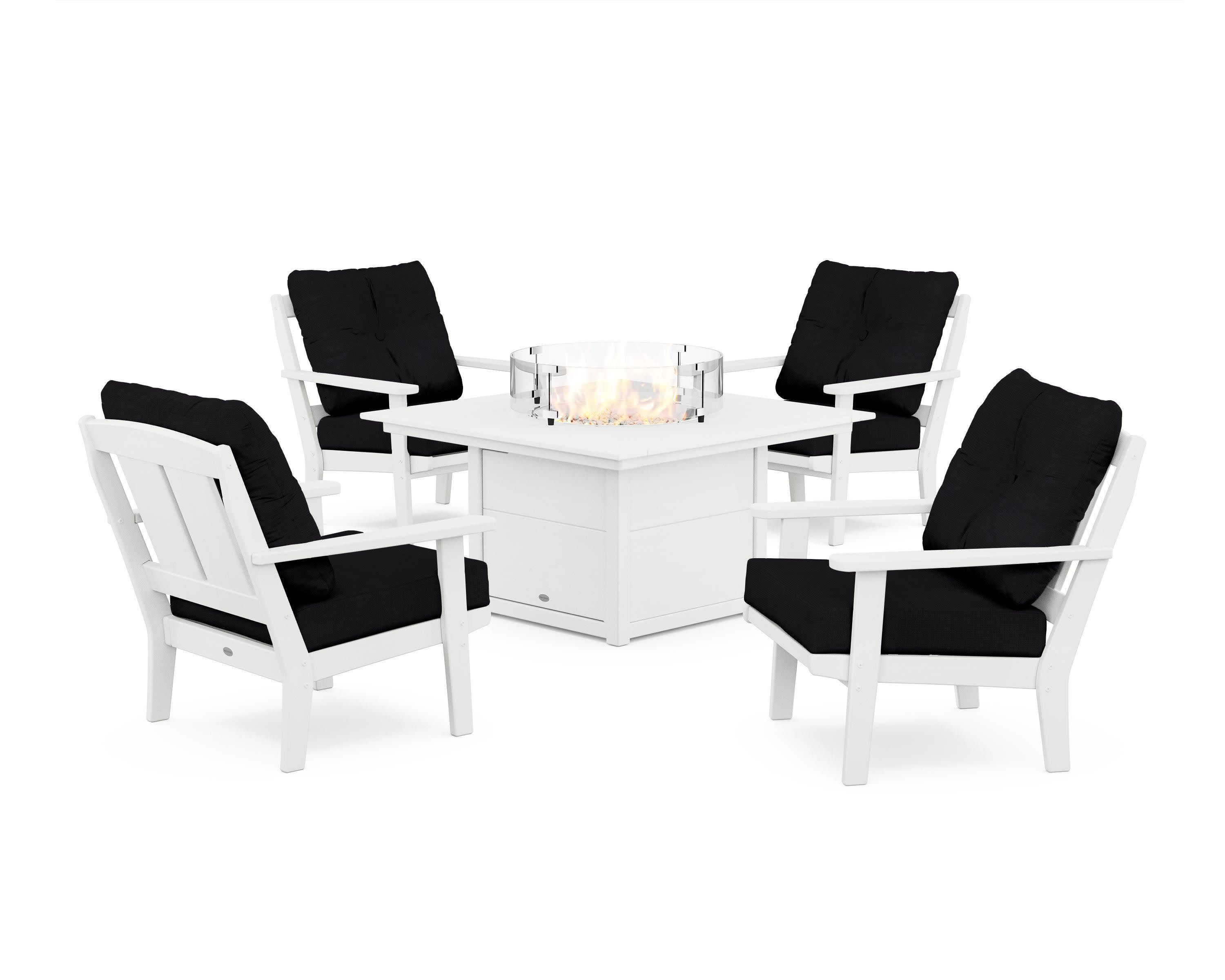 Mission 5-Piece Deep Seating Set with Fire Pit Table in White / Midnight Linen