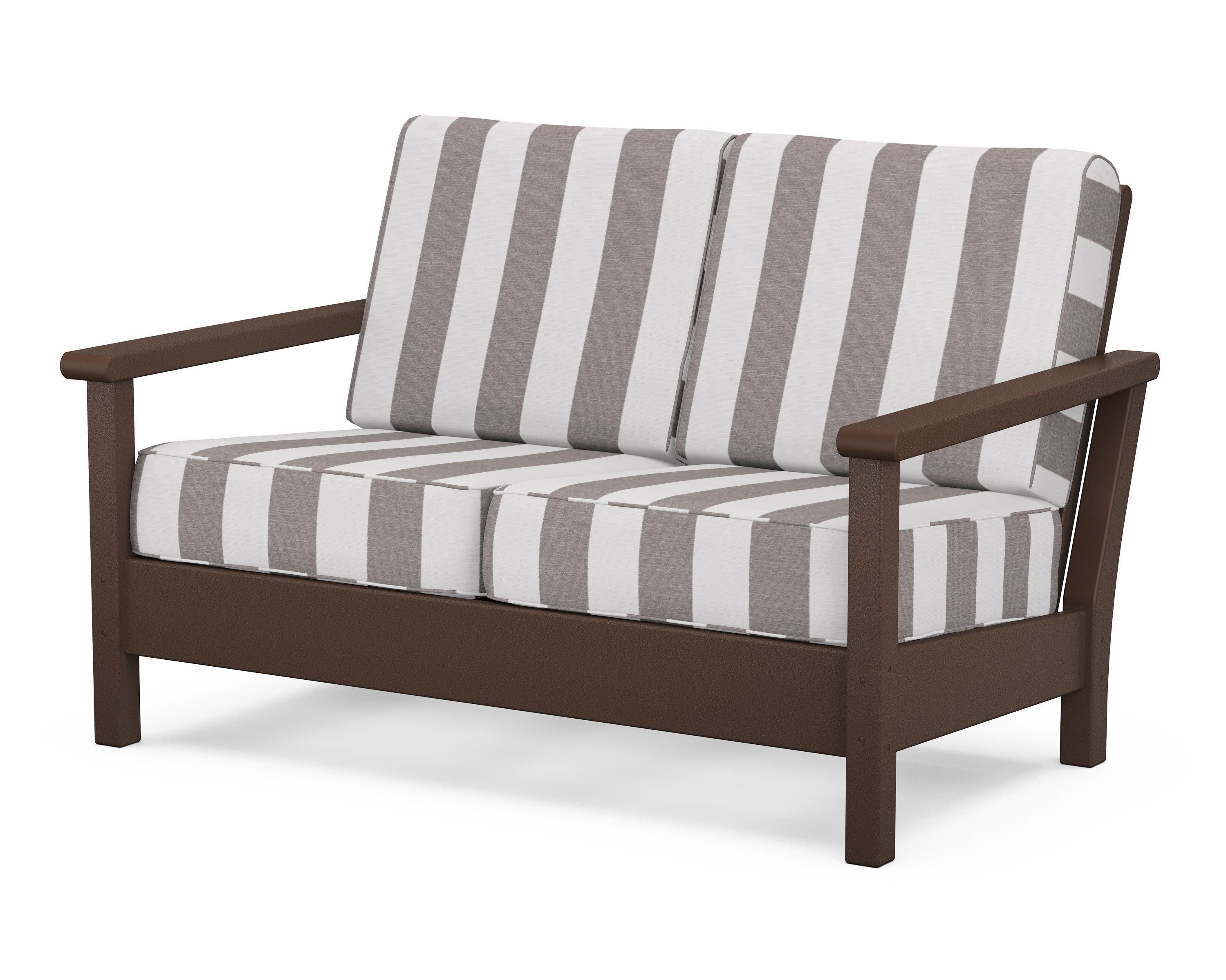 Harbour Deep Seating Loveseat in Mahogany / Cabana Stripe Grey Mist