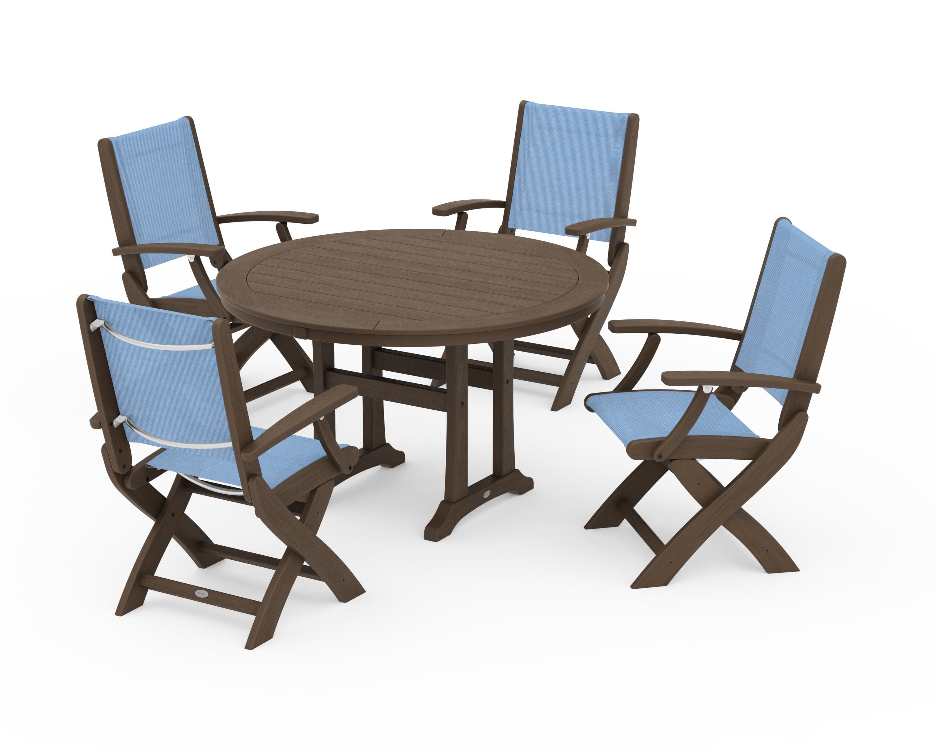 Coastal Folding Chair 5-Piece Round Dining Set with Trestle Legs in Kona / Poolside Sling