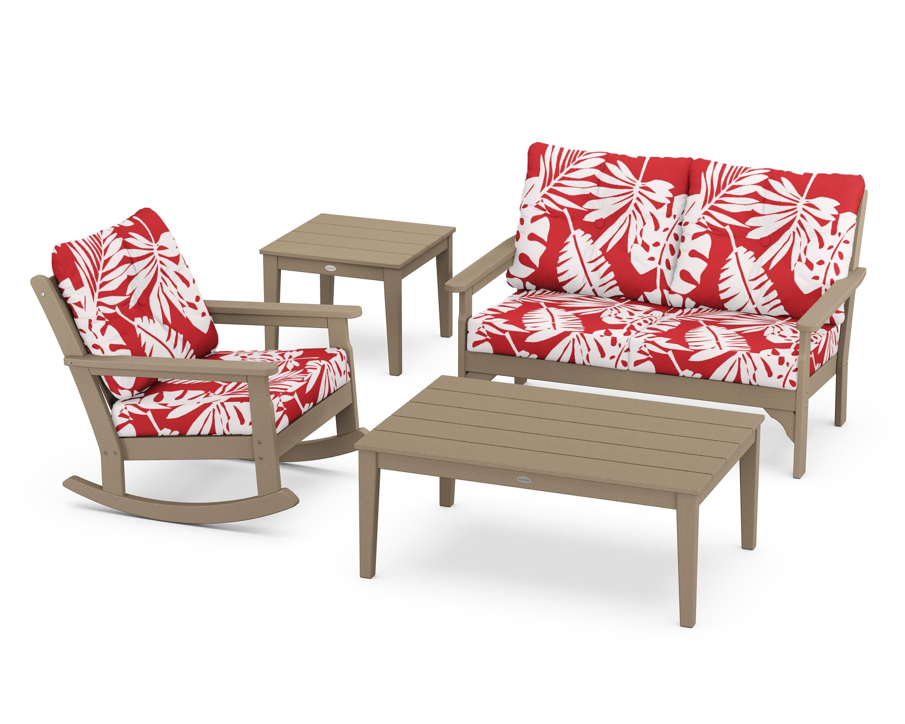 Vineyard 4-Piece Deep Seating Rocker Set in Vintage Sahara / Leaf Crimson