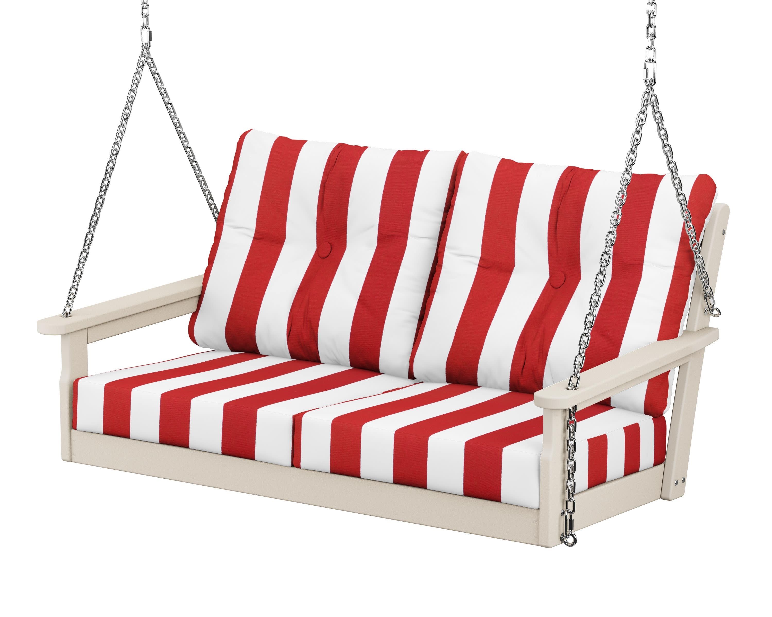 Vineyard Deep Seating Swing in Sand / Cabana Stripe Crimson