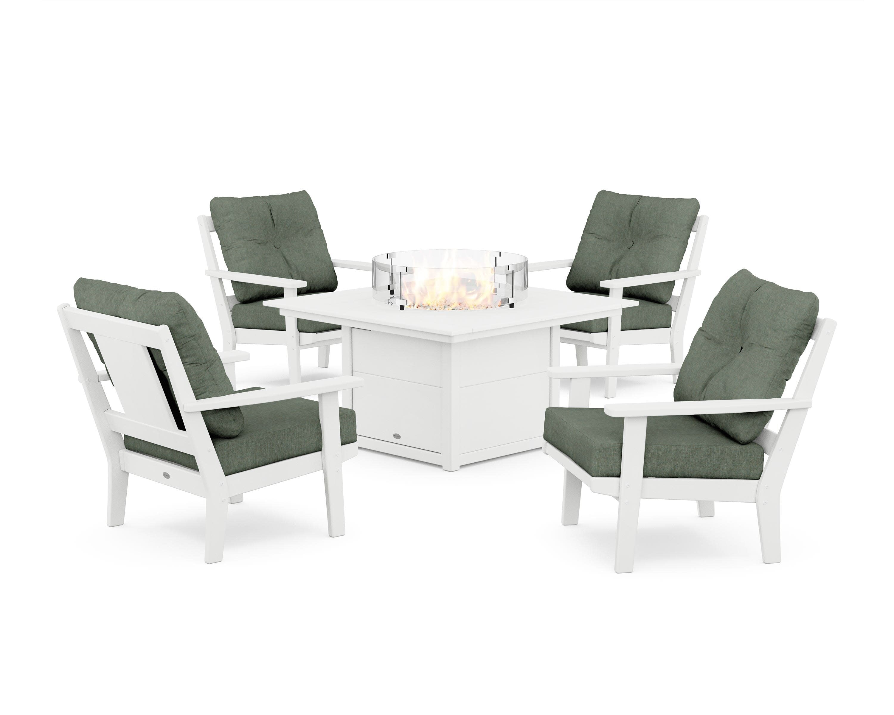 Prairie 5-Piece Deep Seating Set with Fire Pit Table in White / Cast Sage