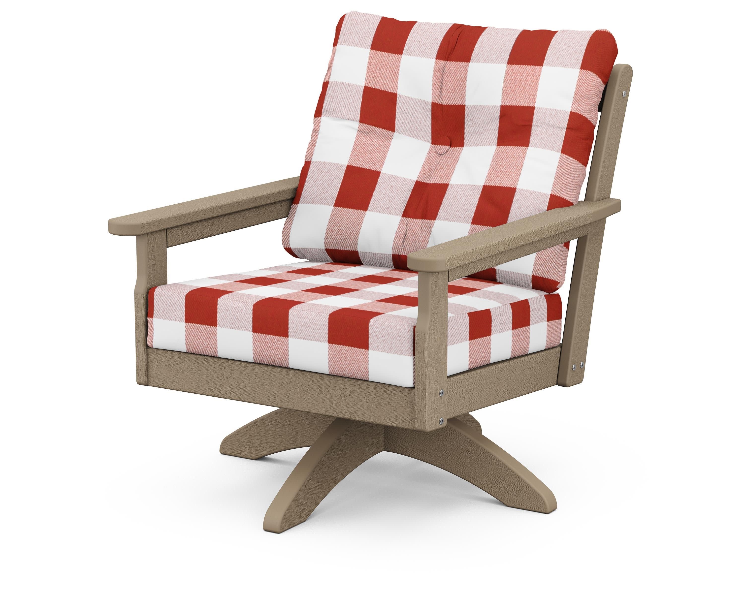Vineyard Deep Seating Swivel Chair in Vintage Sahara / Buffalo Plaid Crimson