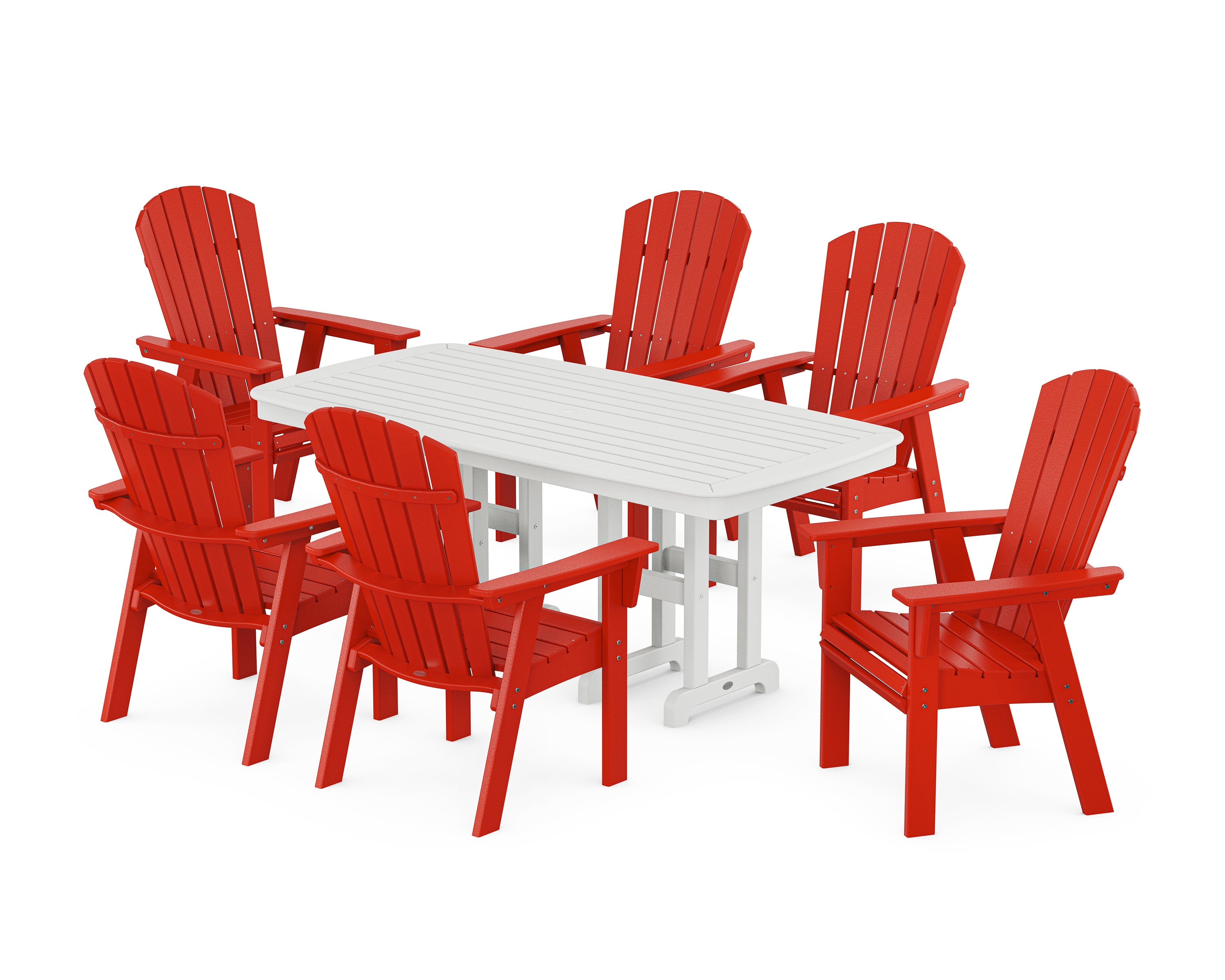 Nautical Curveback Adirondack 7-Piece Dining Set in Sunset Red / White