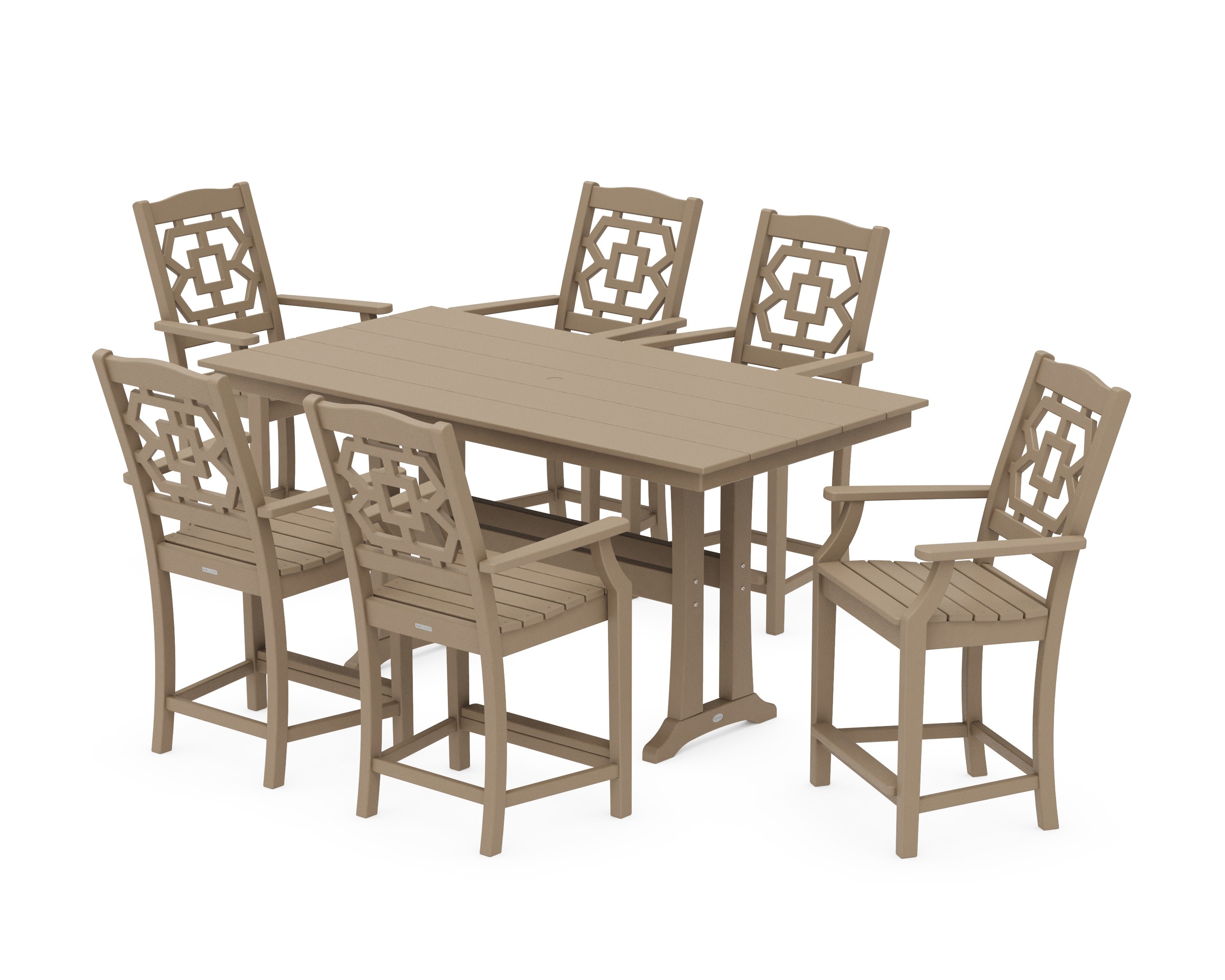 Chinoiserie Arm Chair 7-Piece Farmhouse Counter Set with Trestle Legs in Vintage Sahara