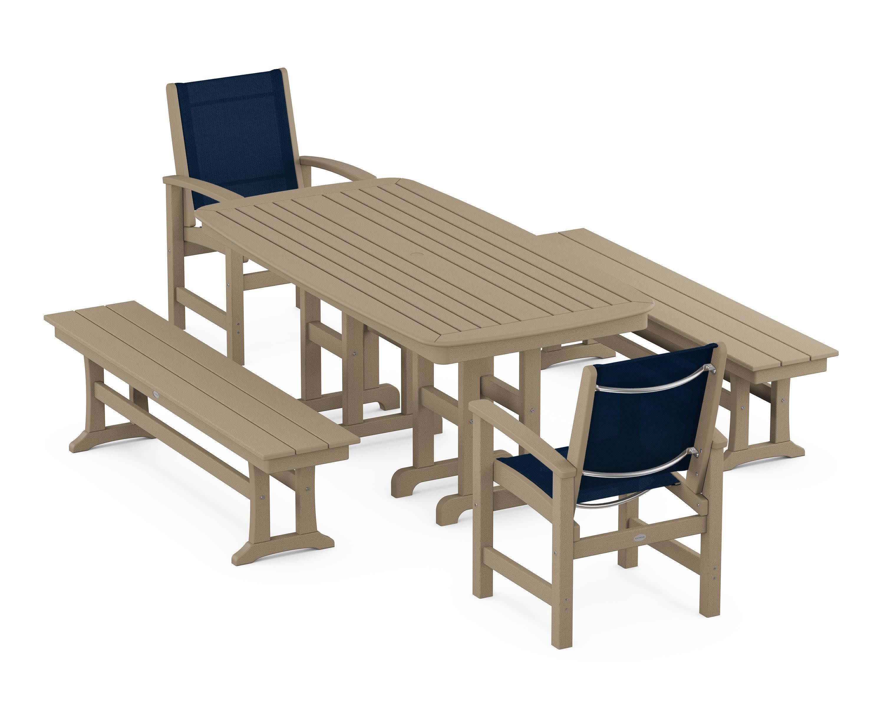 Coastal 5-Piece Dining Set in Vintage Sahara / Navy Blue Sling