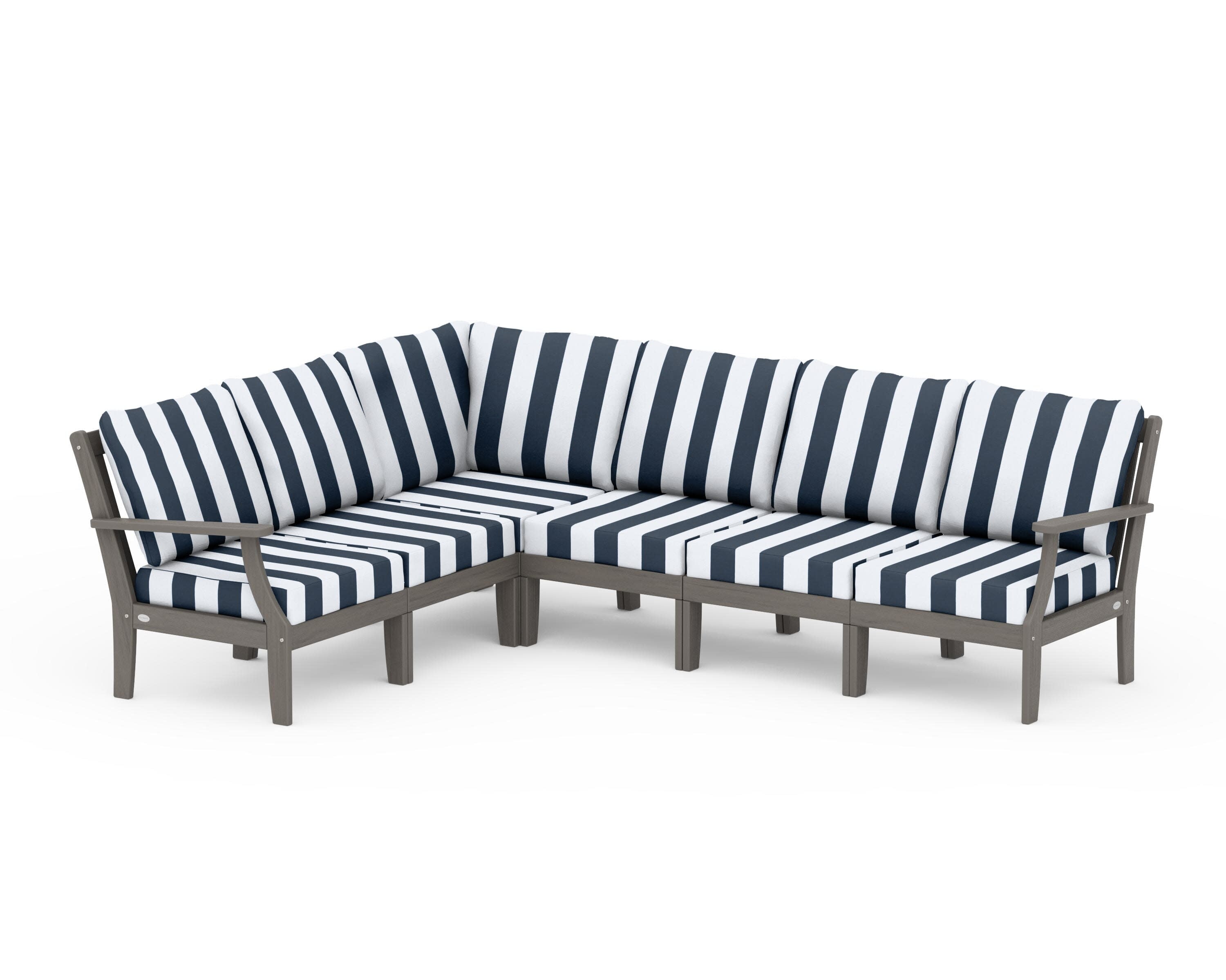 Braxton Modular 6-Piece Deep Seating Set in Driftwood / Cabana Stripe Marine Indigo