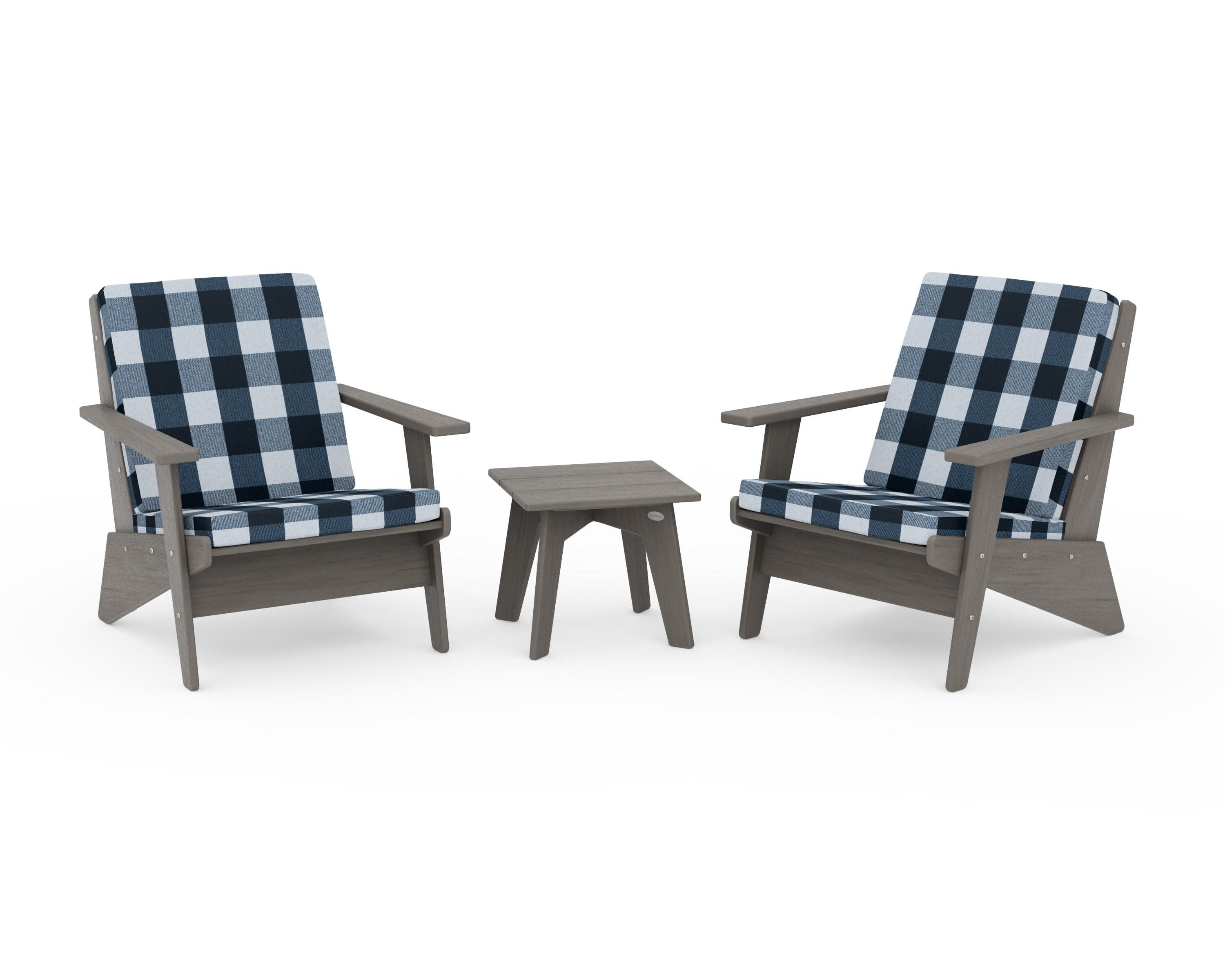 Riviera Modern Lounge 3-Piece Set in Driftwood / Buffalo Plaid Marine Indigo
