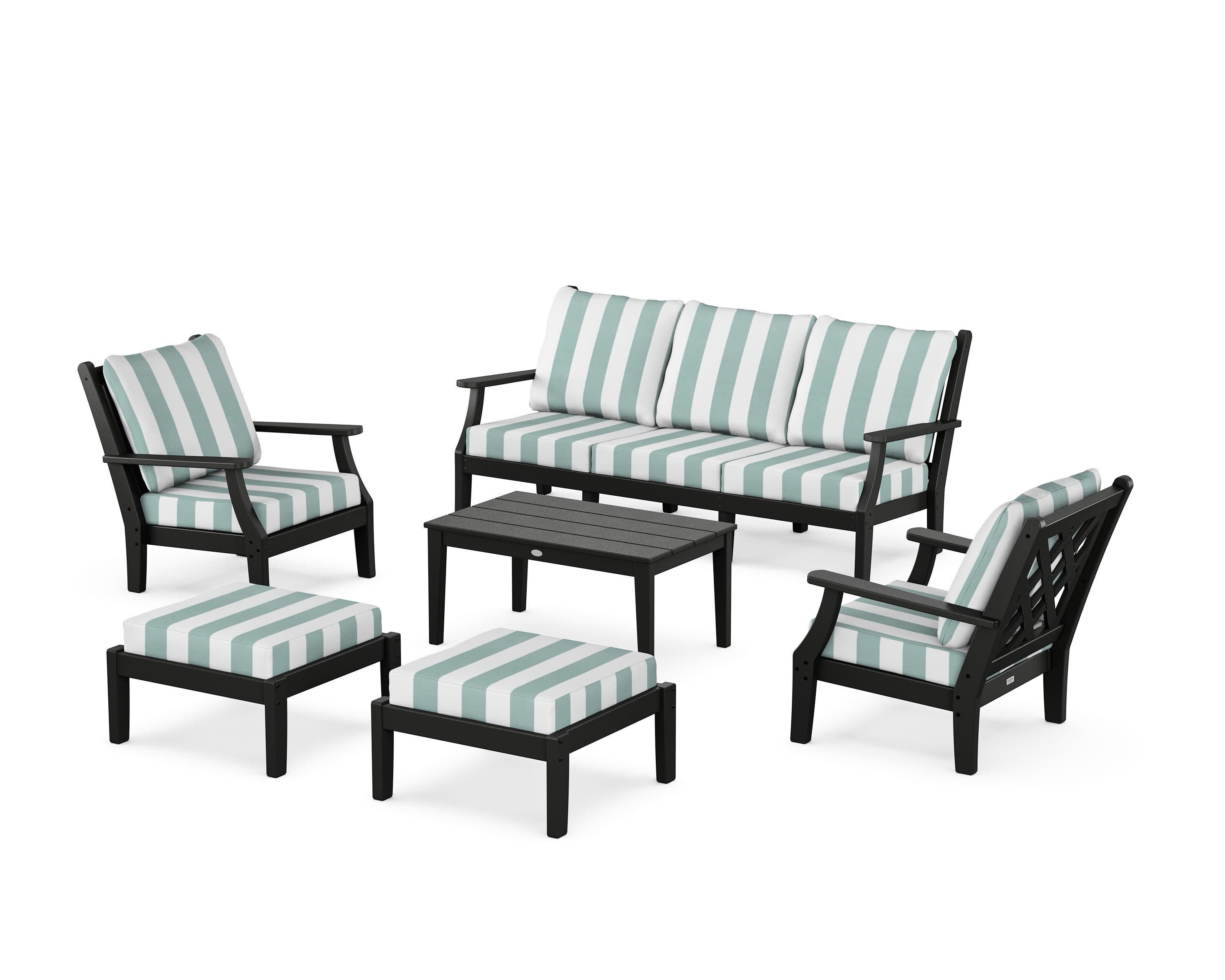 Wovendale 6-Piece Lounge Sofa Set in Black / Cabana Stripe Glacier Spa