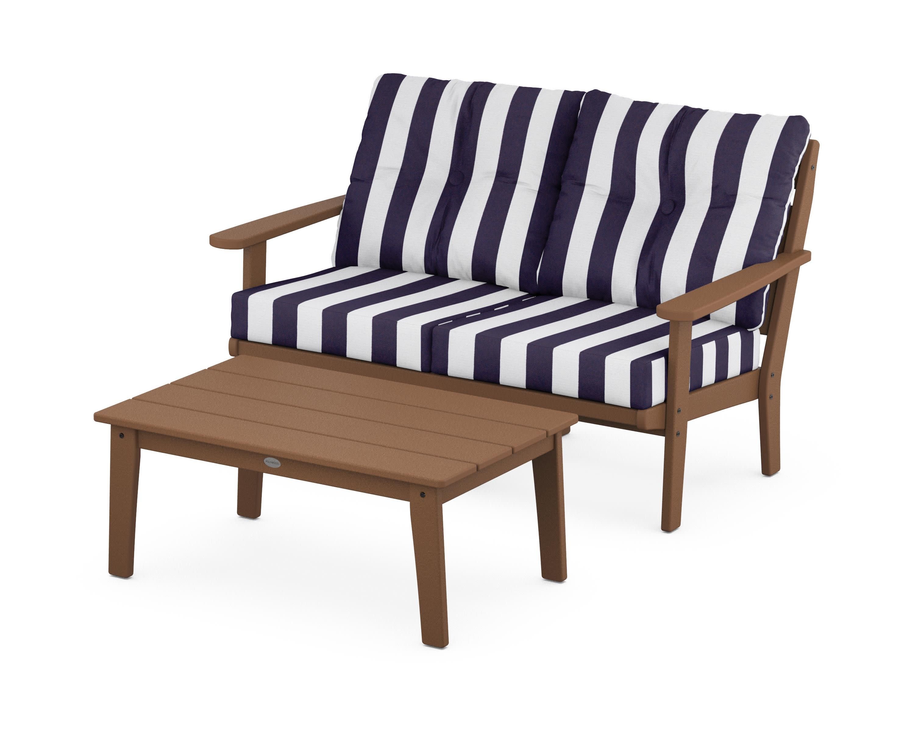 Lakeside 2-Piece Lounge Loveseat Set in Teak / Cabana Stripe Navy