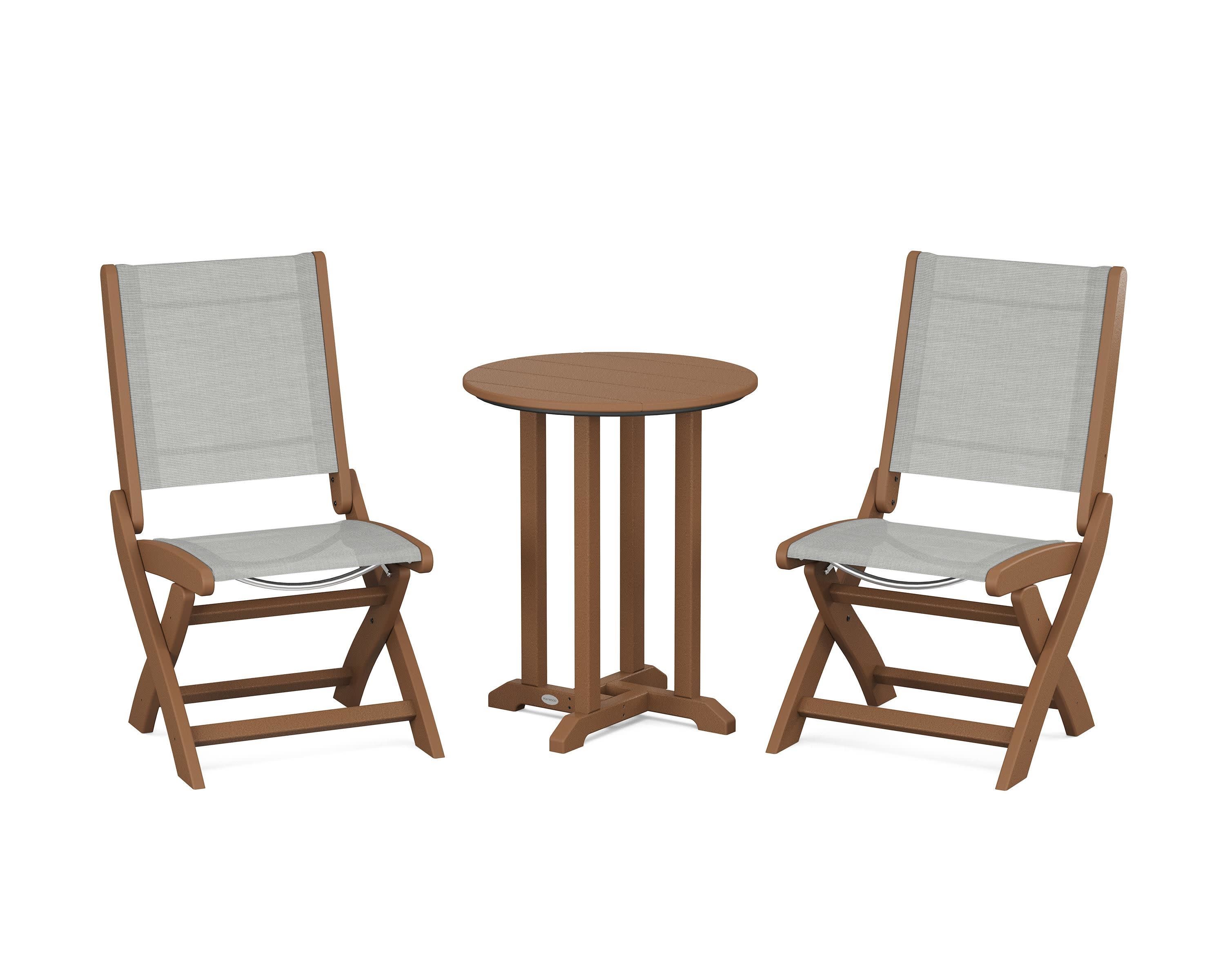 Coastal Folding Side Chair 3-Piece Round Bistro Dining Set in Teak / Metallic Sling