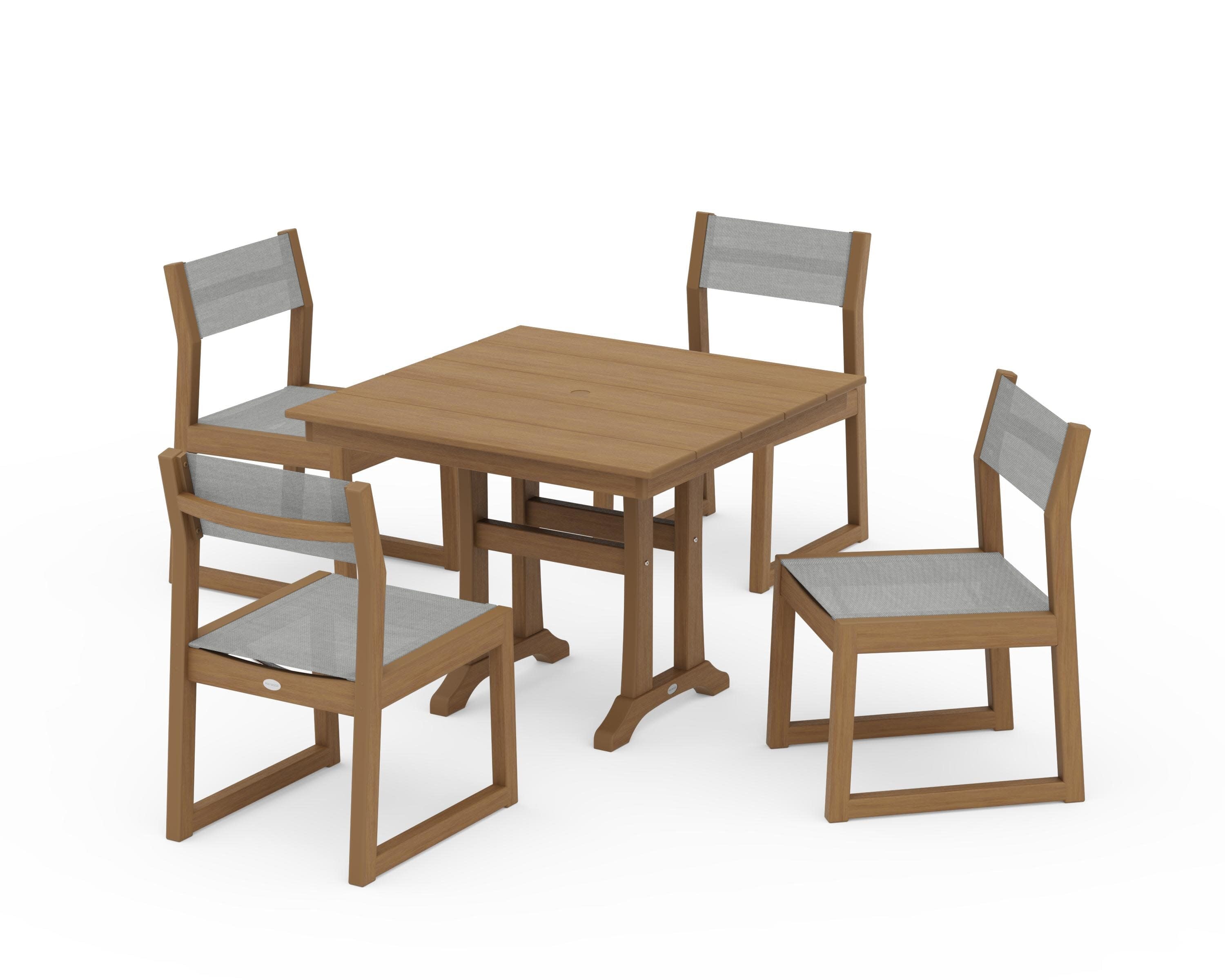 EDGE Sling 5-Piece Farmhouse Trestle Side Chair Dining Set in Natural / Metallic Sling