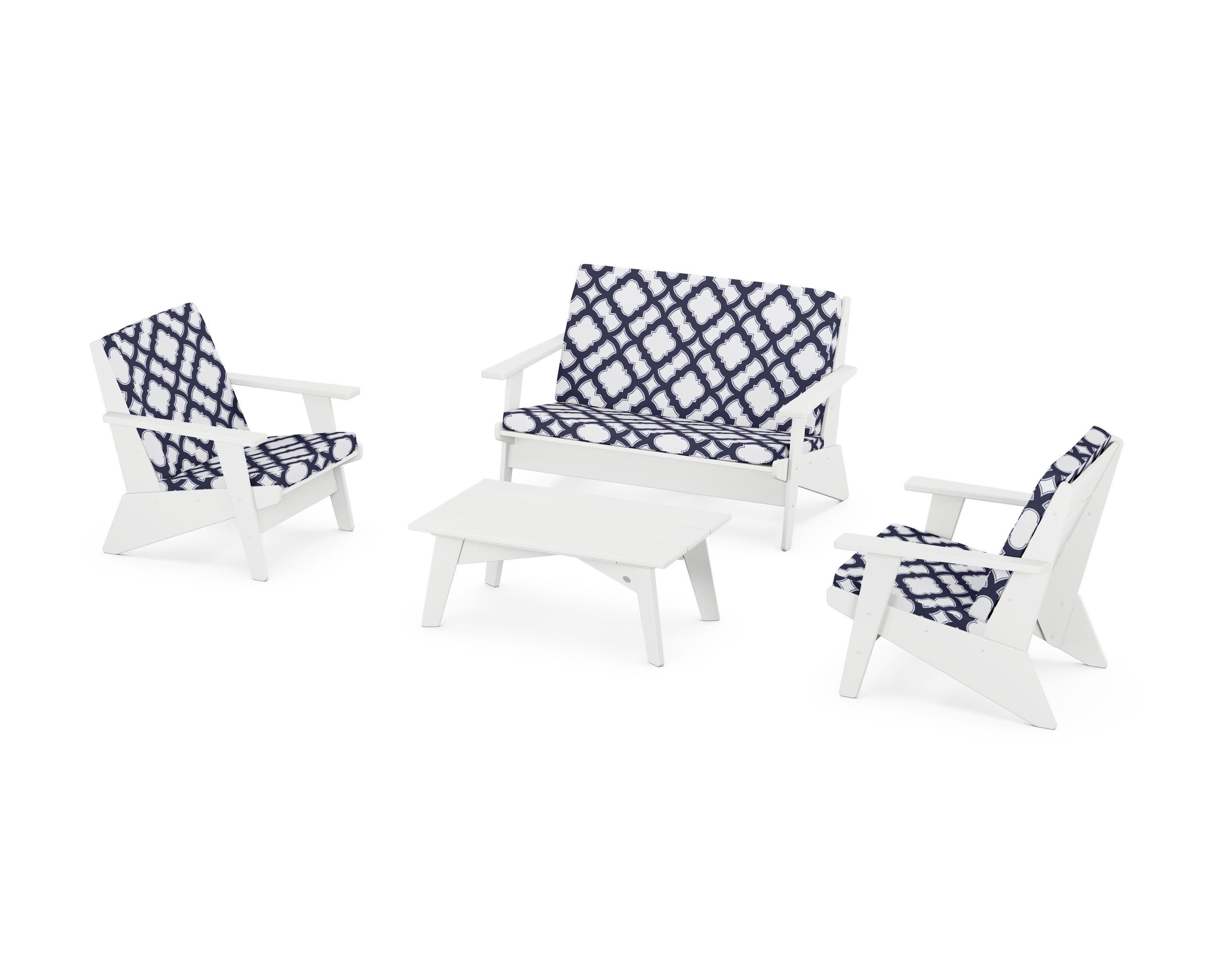 Riviera Modern Lounge 4-Piece Set in White / Trellis Navy