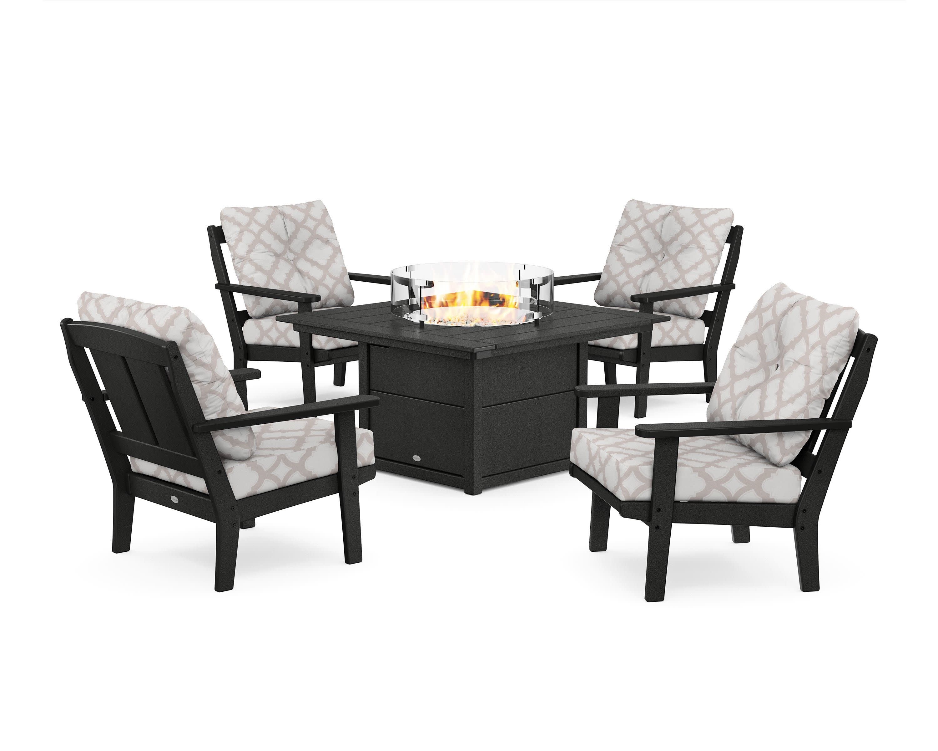 Mission 5-Piece Deep Seating Set with Fire Pit Table in Black / Trellis Dune Burlap