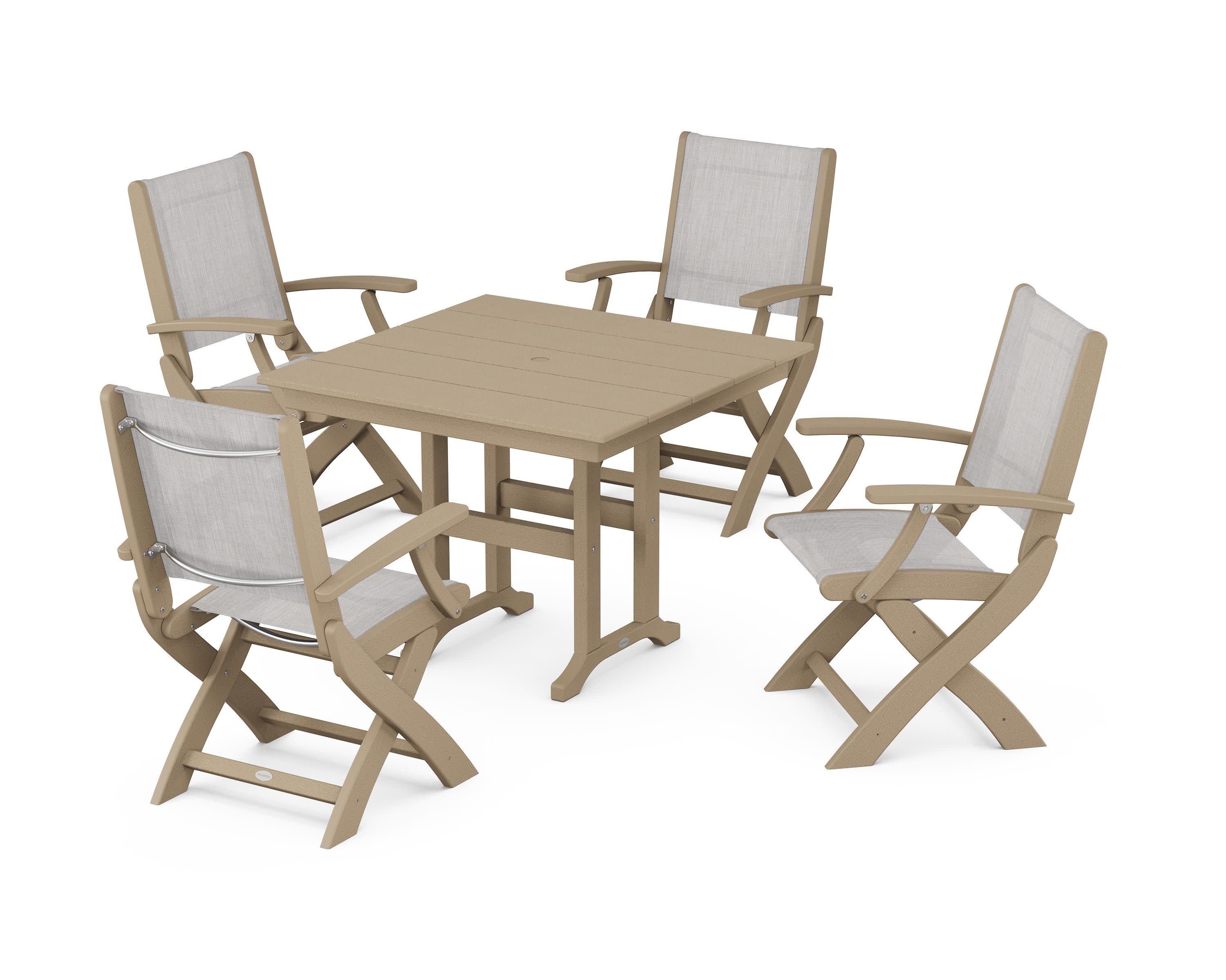 Coastal Folding Chair 5-Piece Farmhouse Dining Set in Vintage Sahara / Parchment Sling