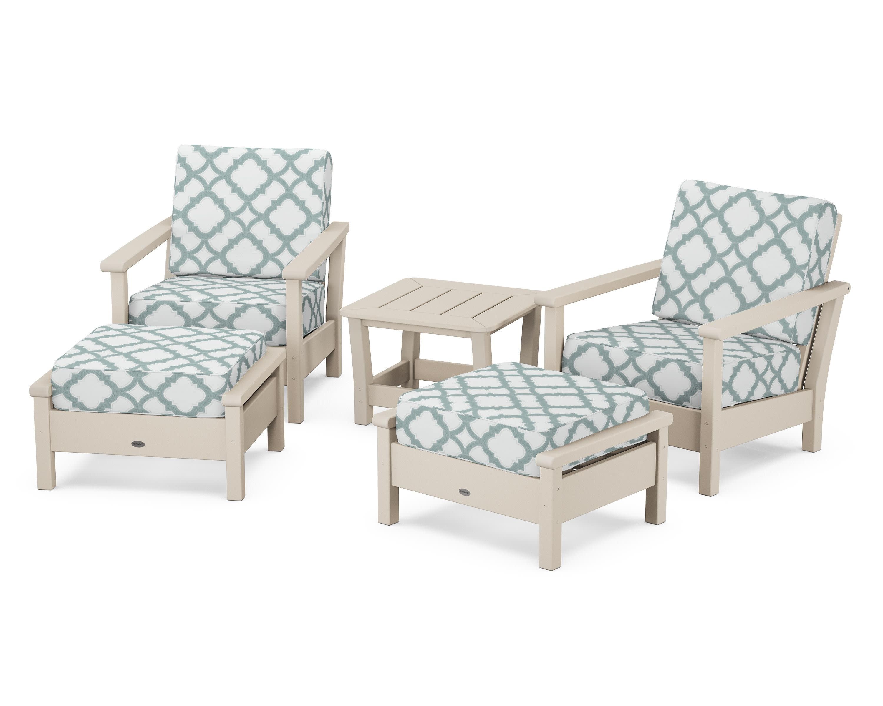 Harbour 5-Piece Deep Seating Chair Set in Sand / Trellis Glacier Spa