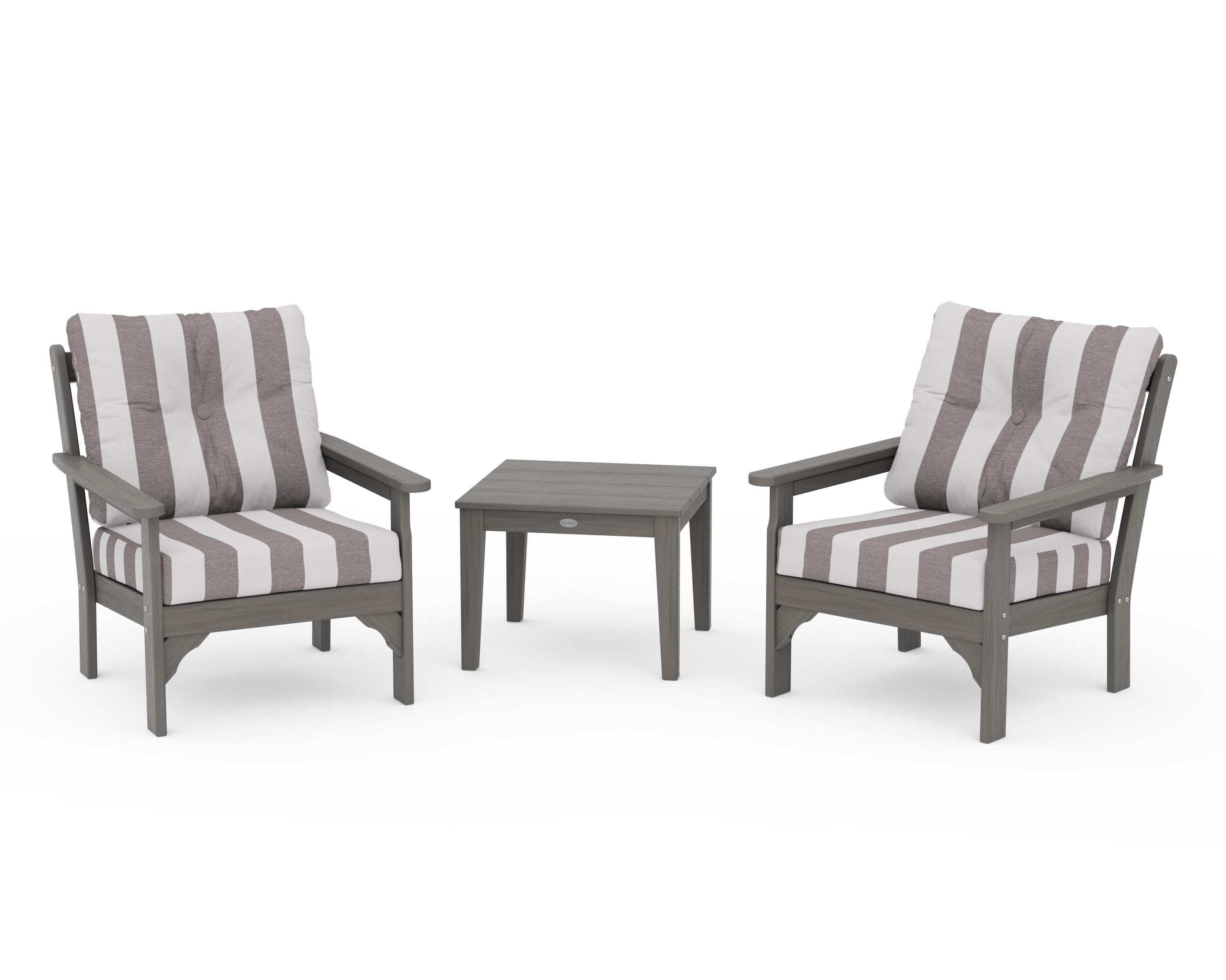 Vineyard 3-Piece Deep Seating Set in Driftwood / Cabana Stripe Grey Mist
