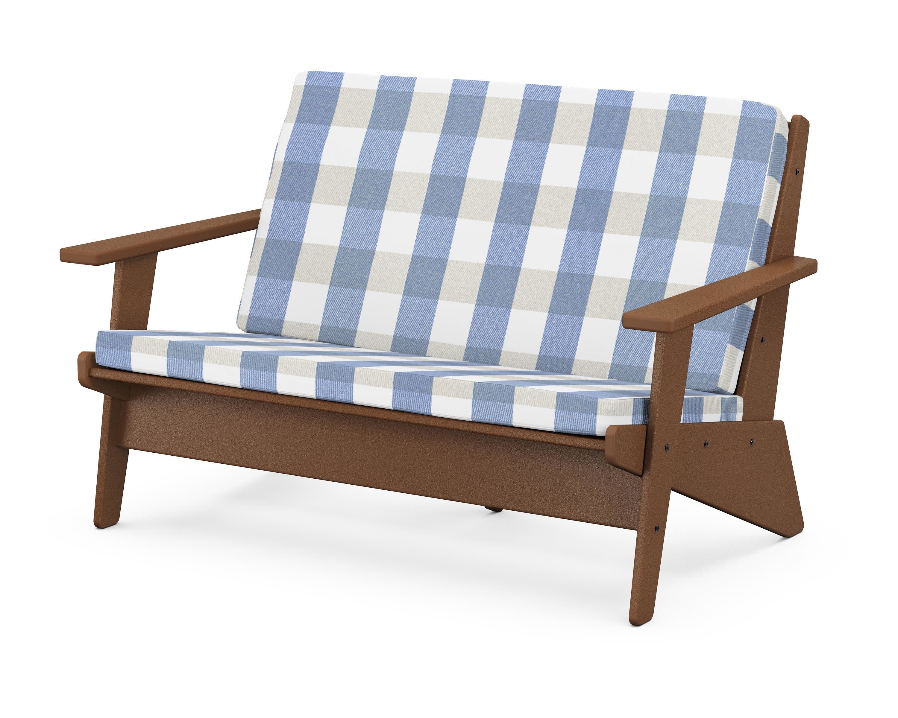 Riviera Modern Lounge Loveseat in Teak / Buffalo Plaid Sky Blue