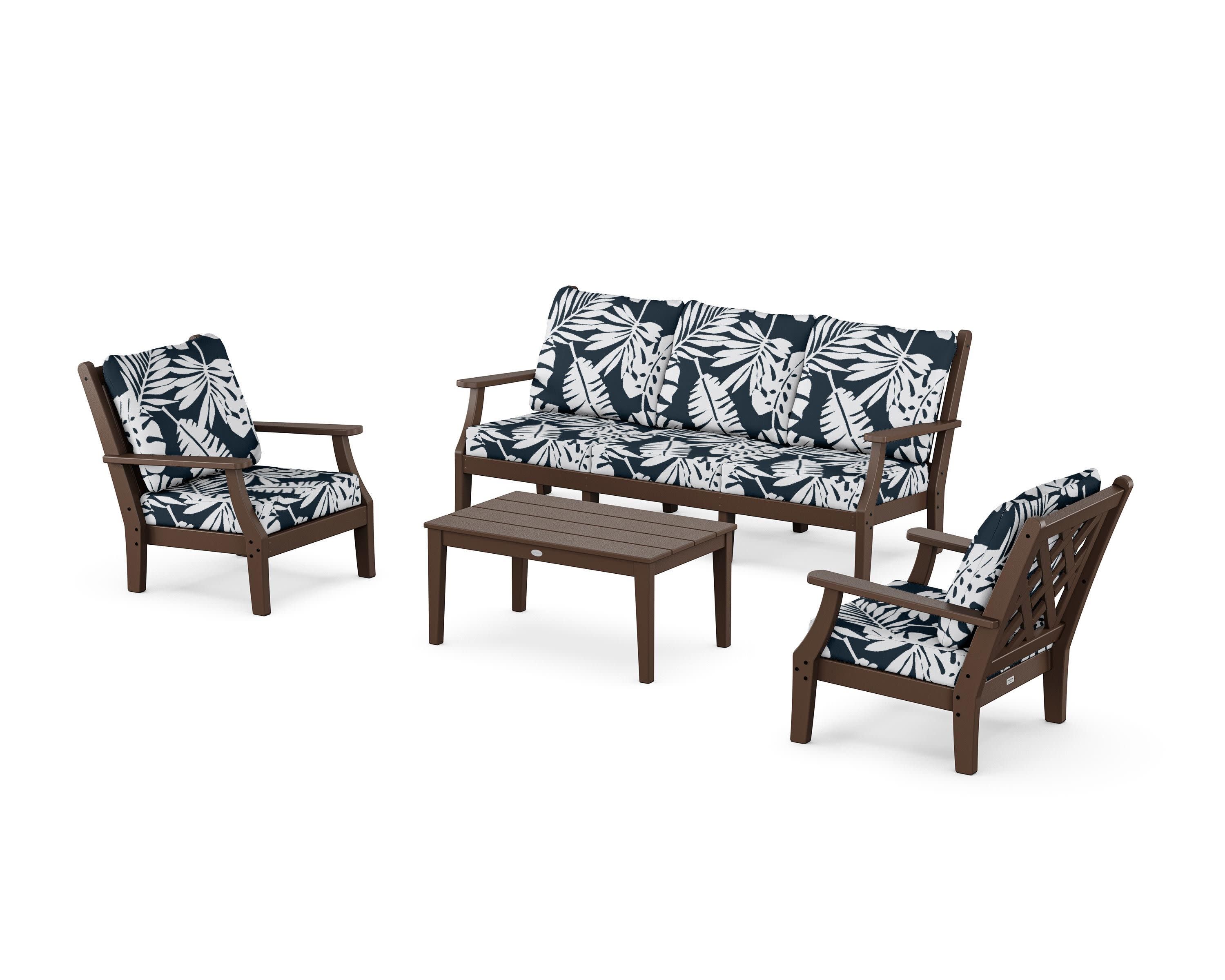 Wovendale 4-Piece Deep Seating Set with Sofa in Mahogany / Leaf Marine Indigo