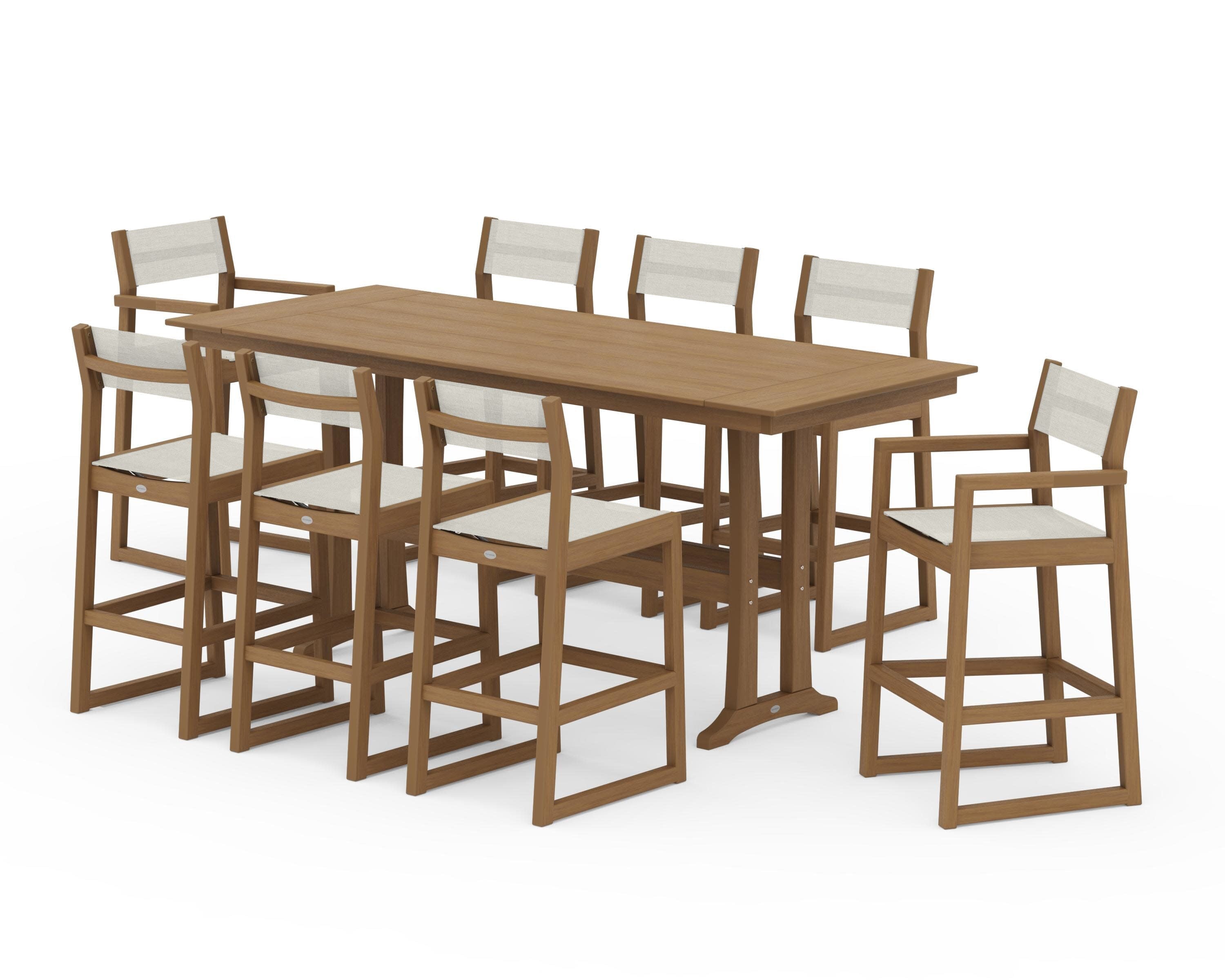 EDGE Sling 9-Piece Farmhouse Bar Set with Trestle Legs in Natural / Parchment Sling