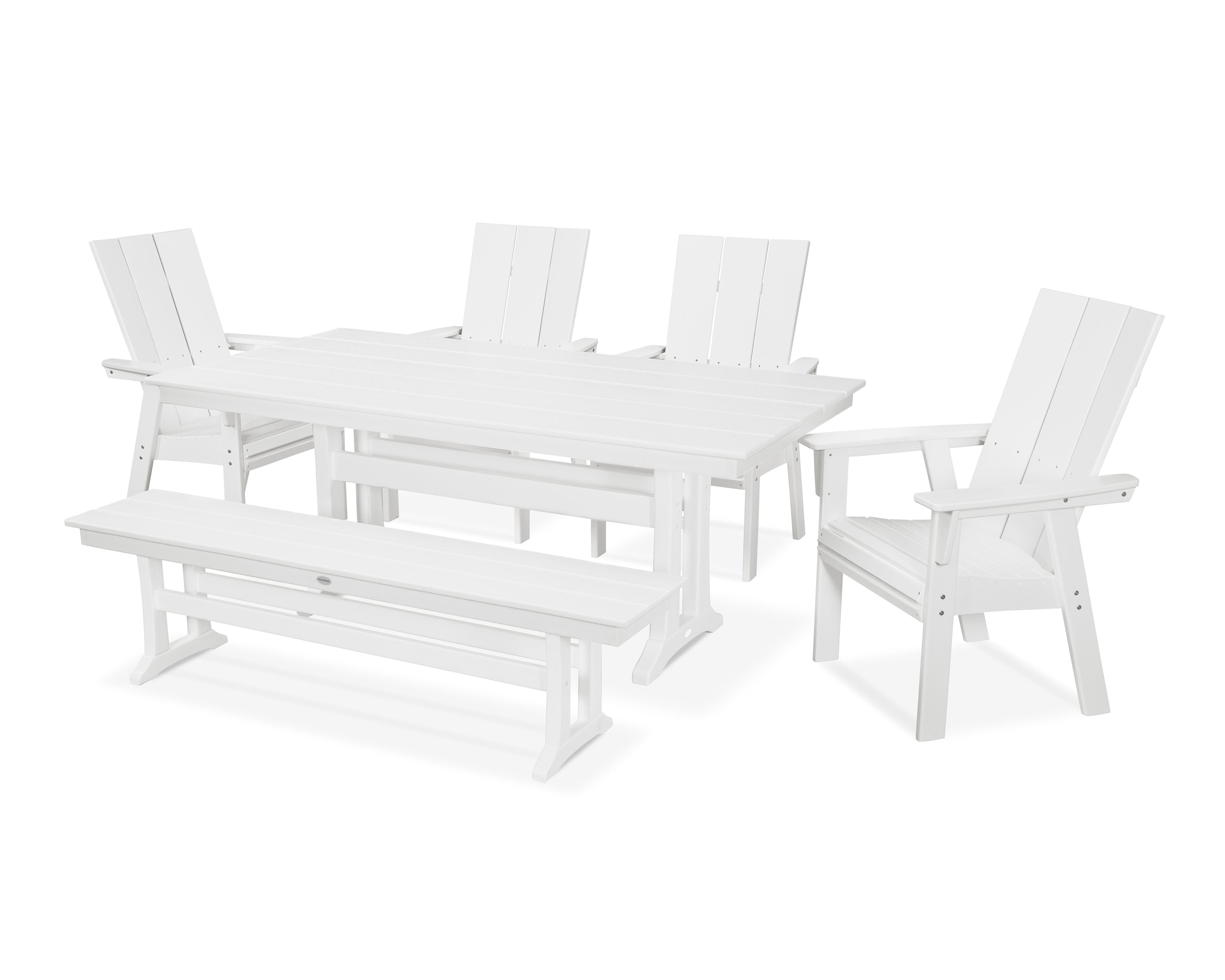 Modern Curveback Adirondack 6-Piece Farmhouse Dining Set with Trestle Legs and Bench in White