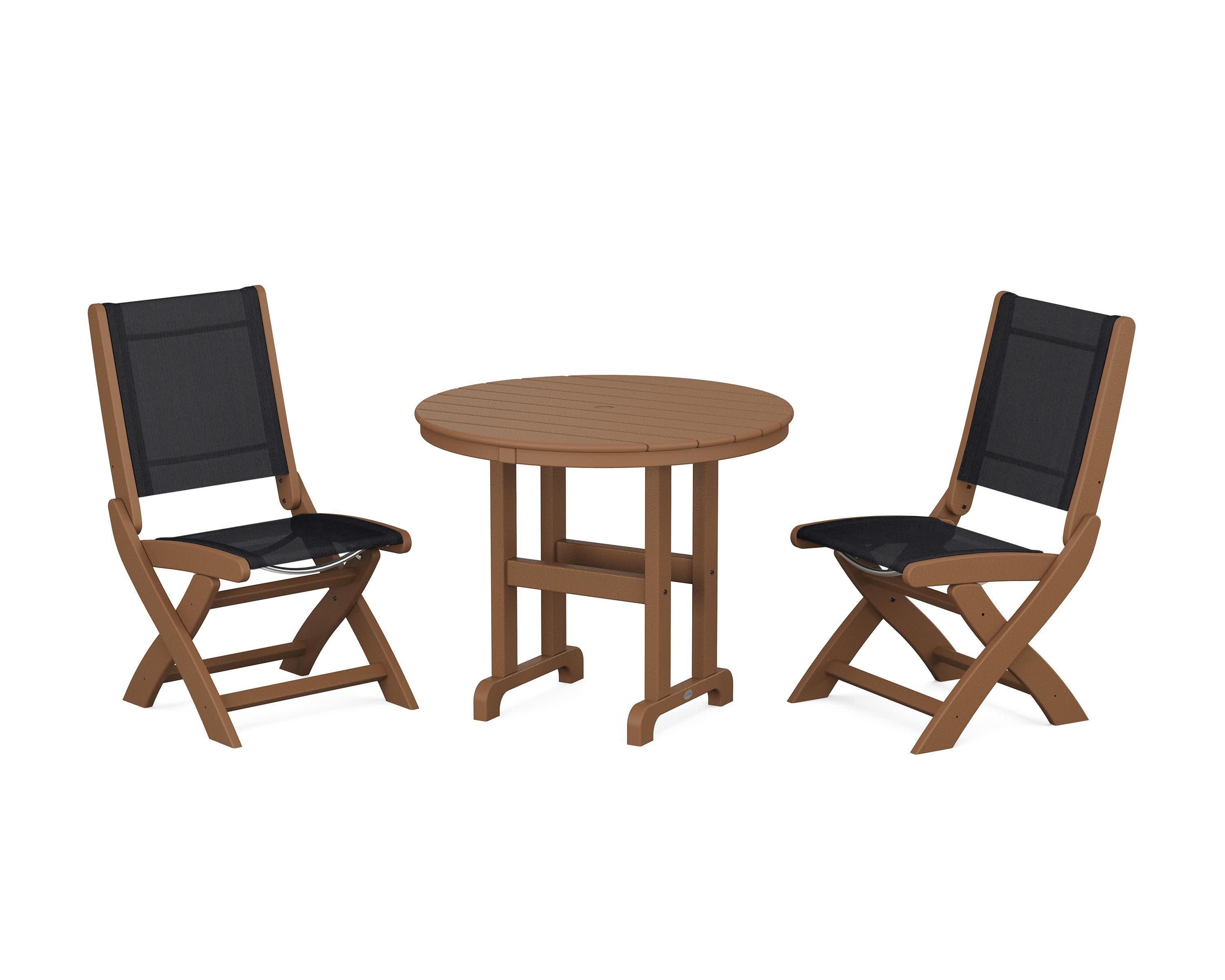 Coastal Folding Side Chair 3-Piece Round Dining Set in Teak / Black Sling
