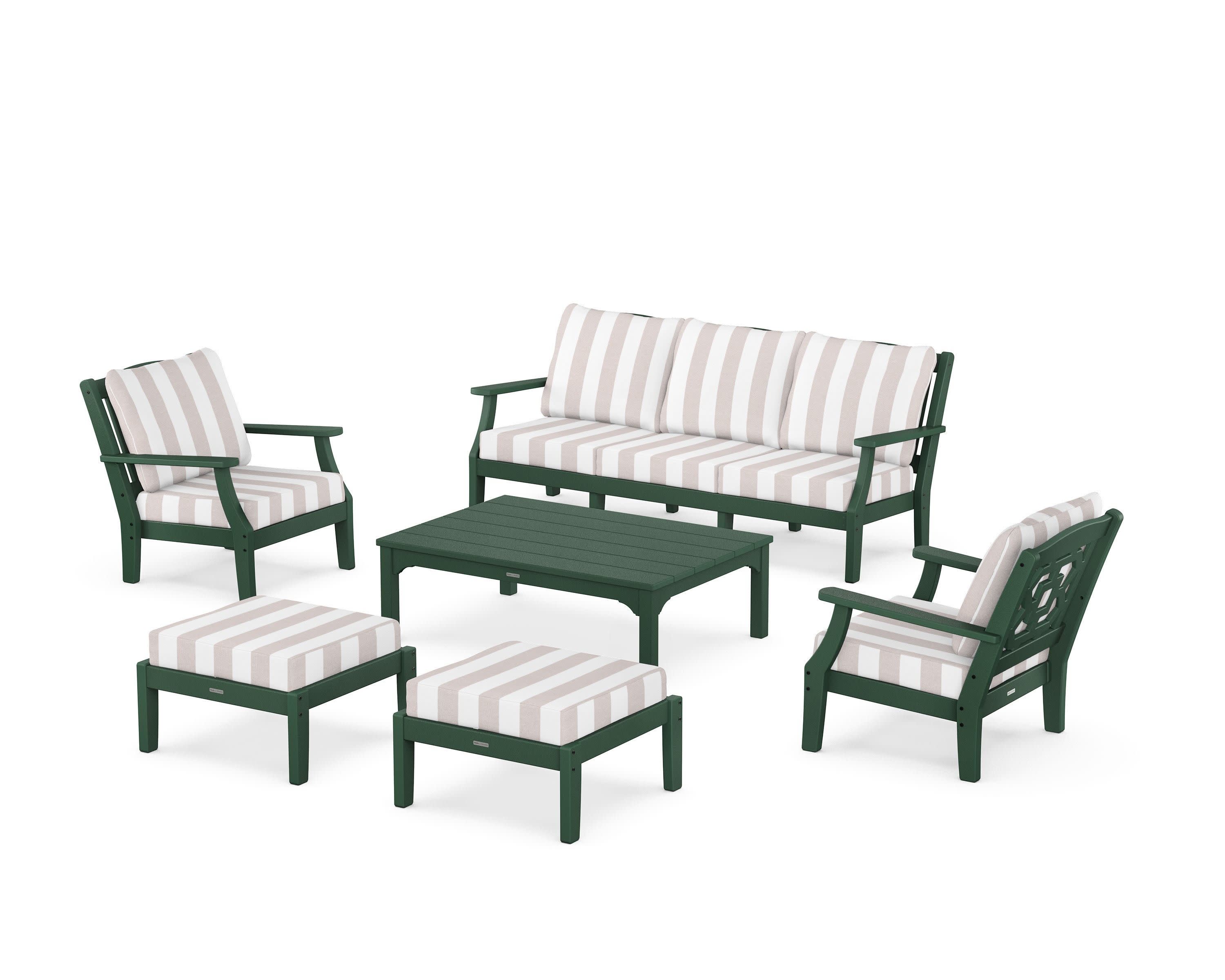 Chinoiserie 6-Piece Lounge Sofa Set in Green / Cabana Stripe Dune Burlap