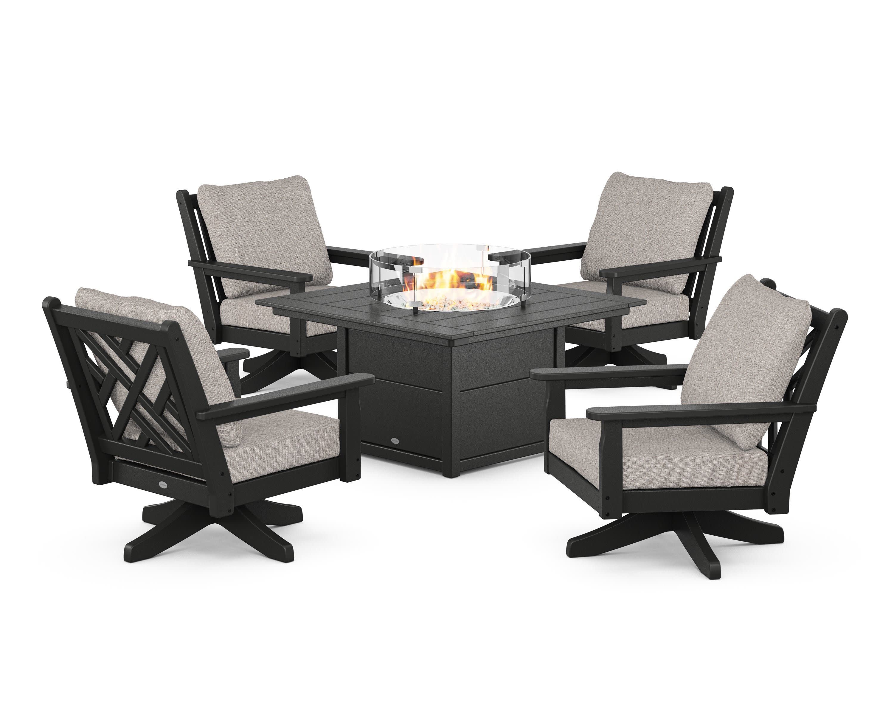 Chippendale 5-Piece Deep Seating Swivel Conversation Set with Fire Pit Table in Black / Weathered Tweed