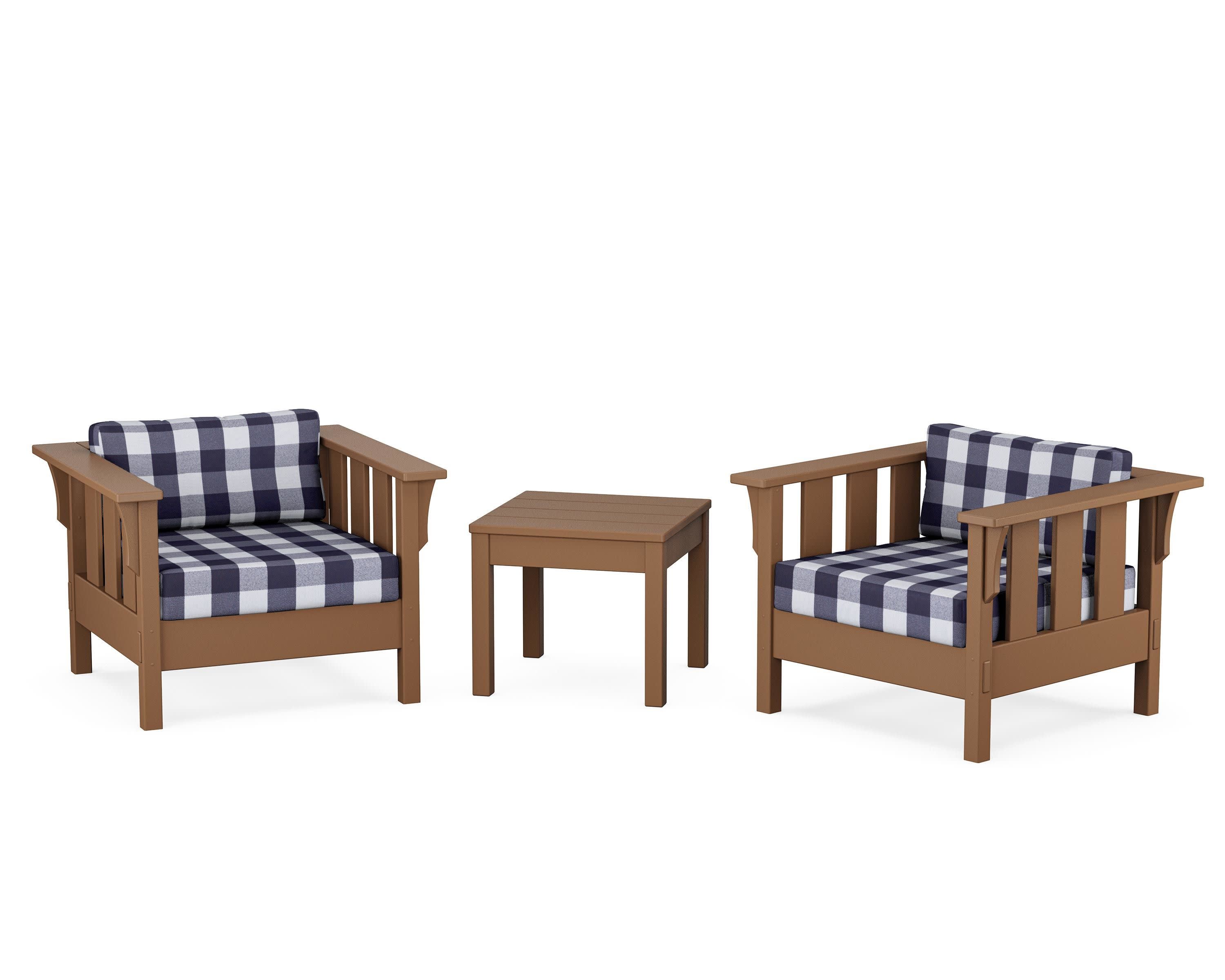 Acadia 3-Piece Deep Seating Set in Teak / Buffalo Plaid Navy