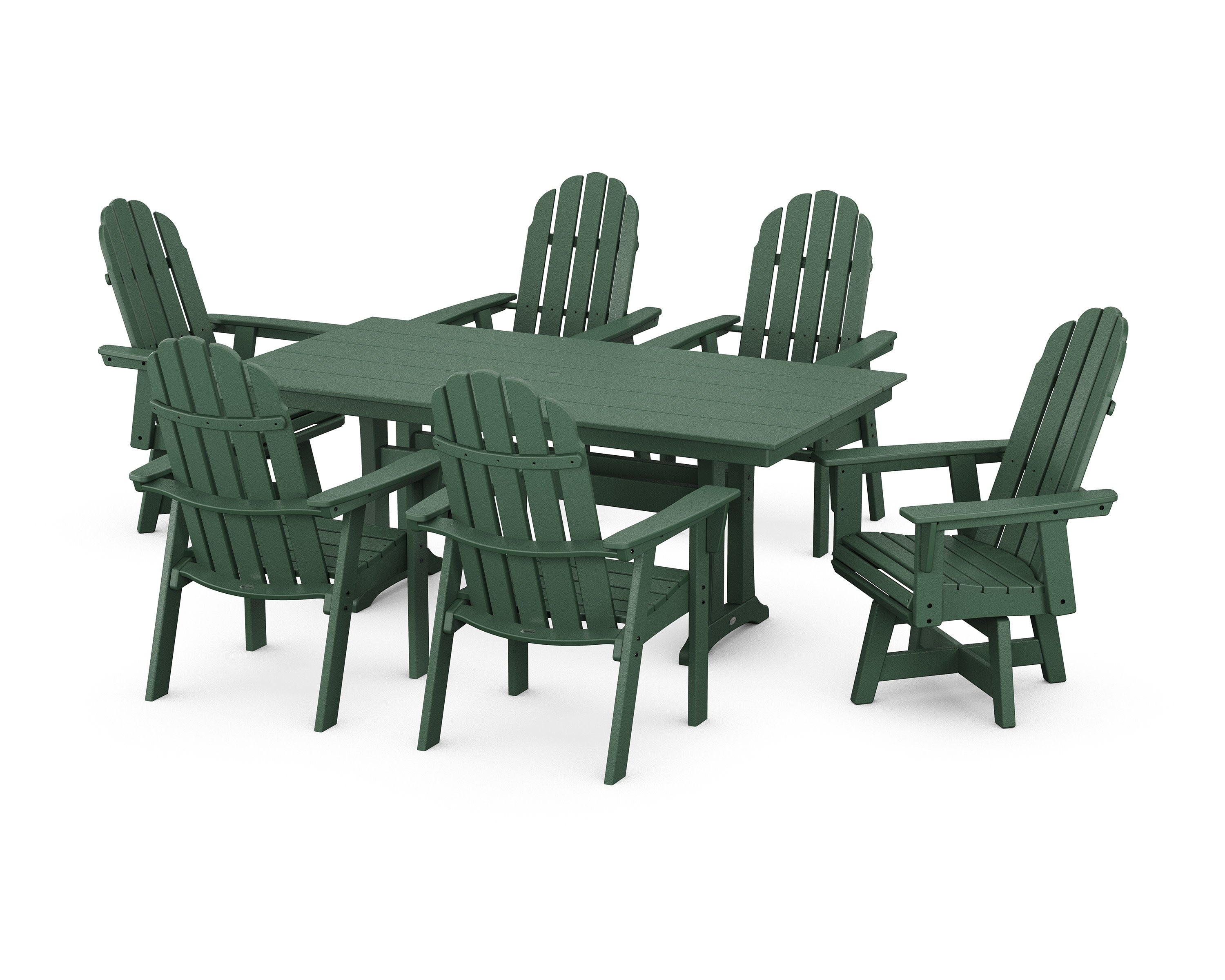 Vineyard Curveback Adirondack Swivel Chair 7-Piece Farmhouse Dining Set with Trestle Legs in Green