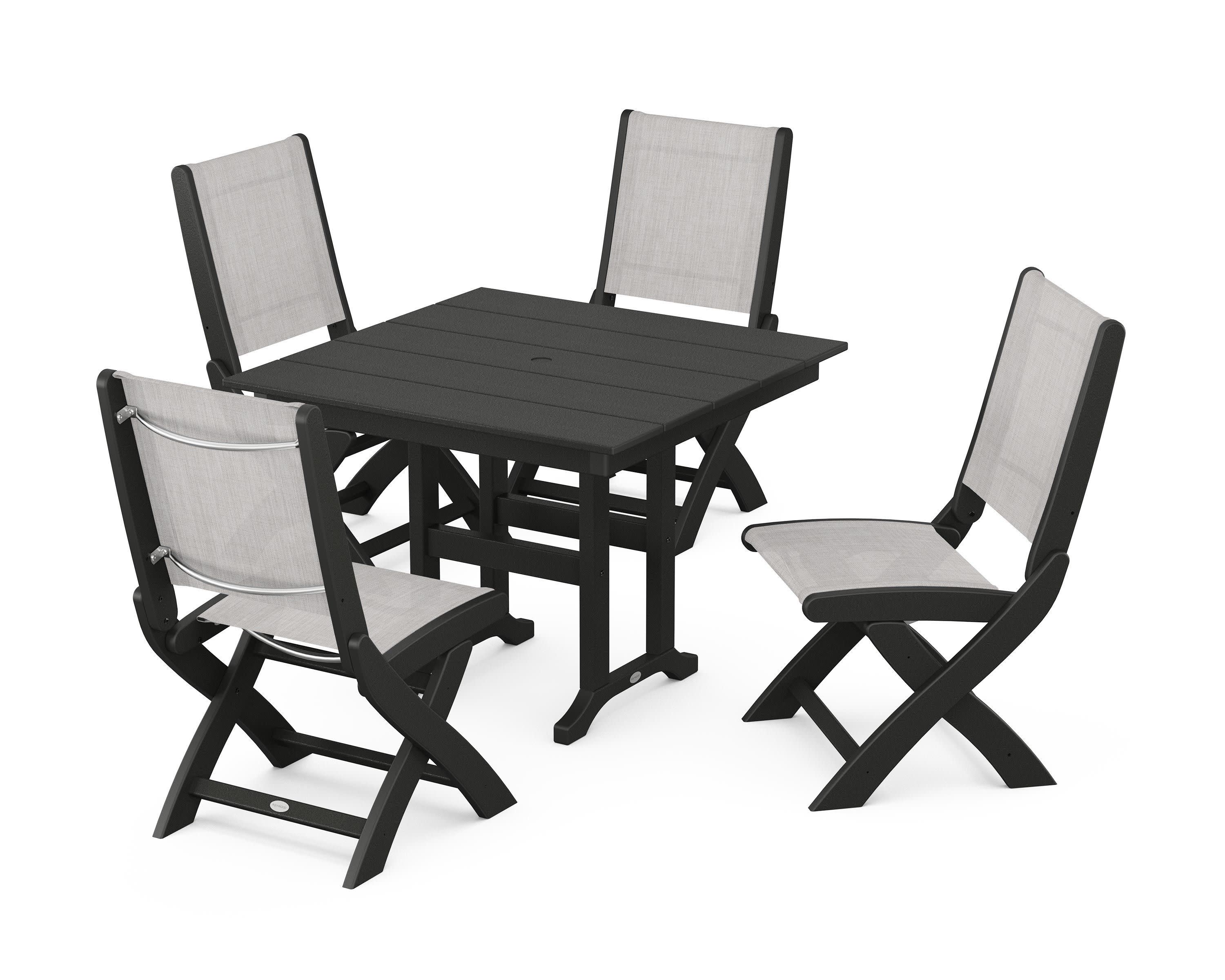 Coastal Folding Side Chair 5-Piece Farmhouse Dining Set in Black / Parchment Sling