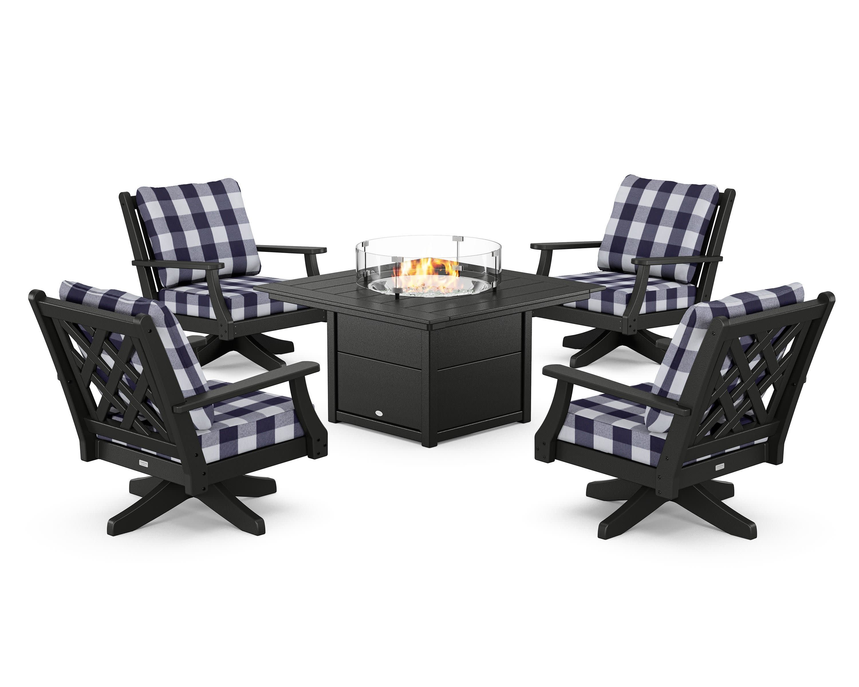 Wovendale 5-Piece Deep Seating Swivel Conversation Set with Fire Pit Table in Black / Buffalo Plaid Navy