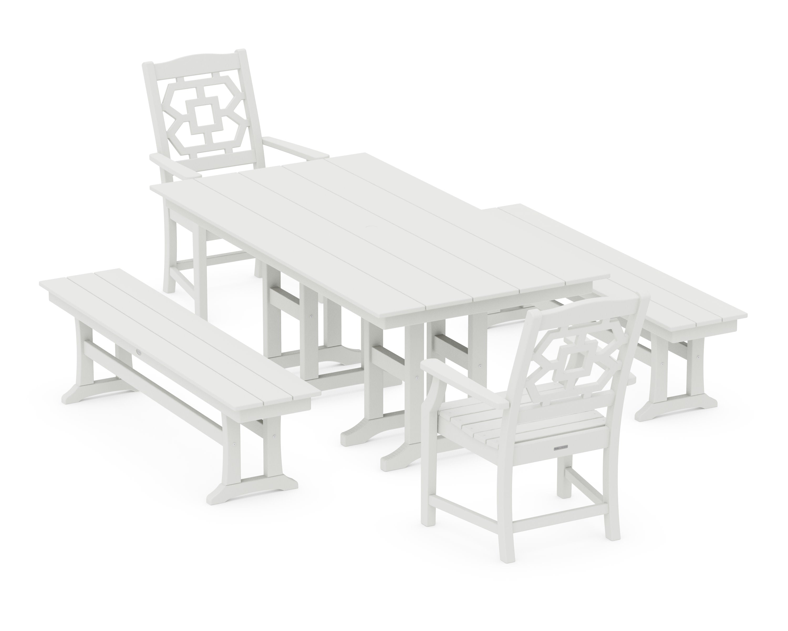 Chinoiserie 5-Piece Farmhouse Dining Set with Benches in Vintage White