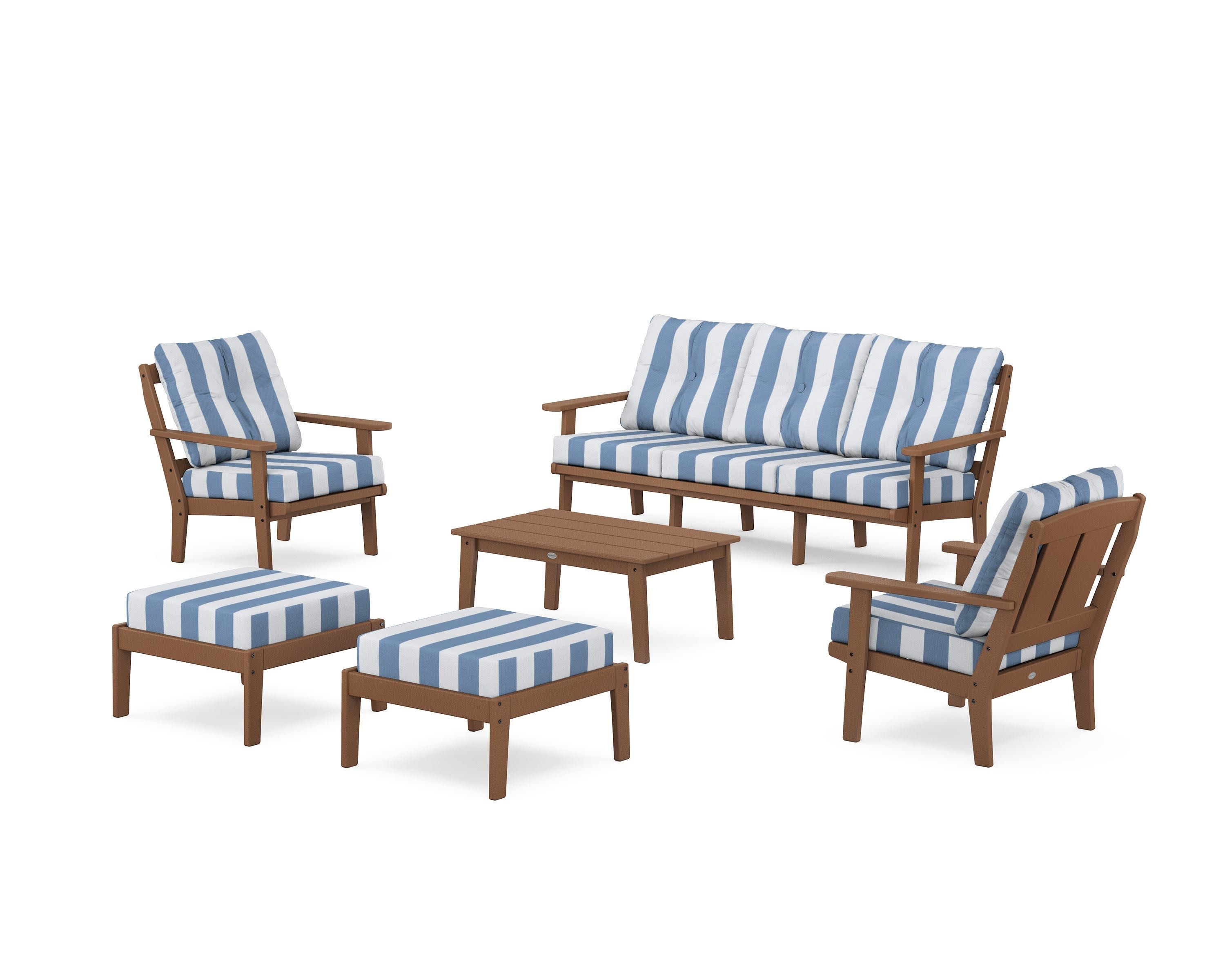 Mission 6-Piece Lounge Sofa Set in Teak / Cabana Stripe Sky Blue