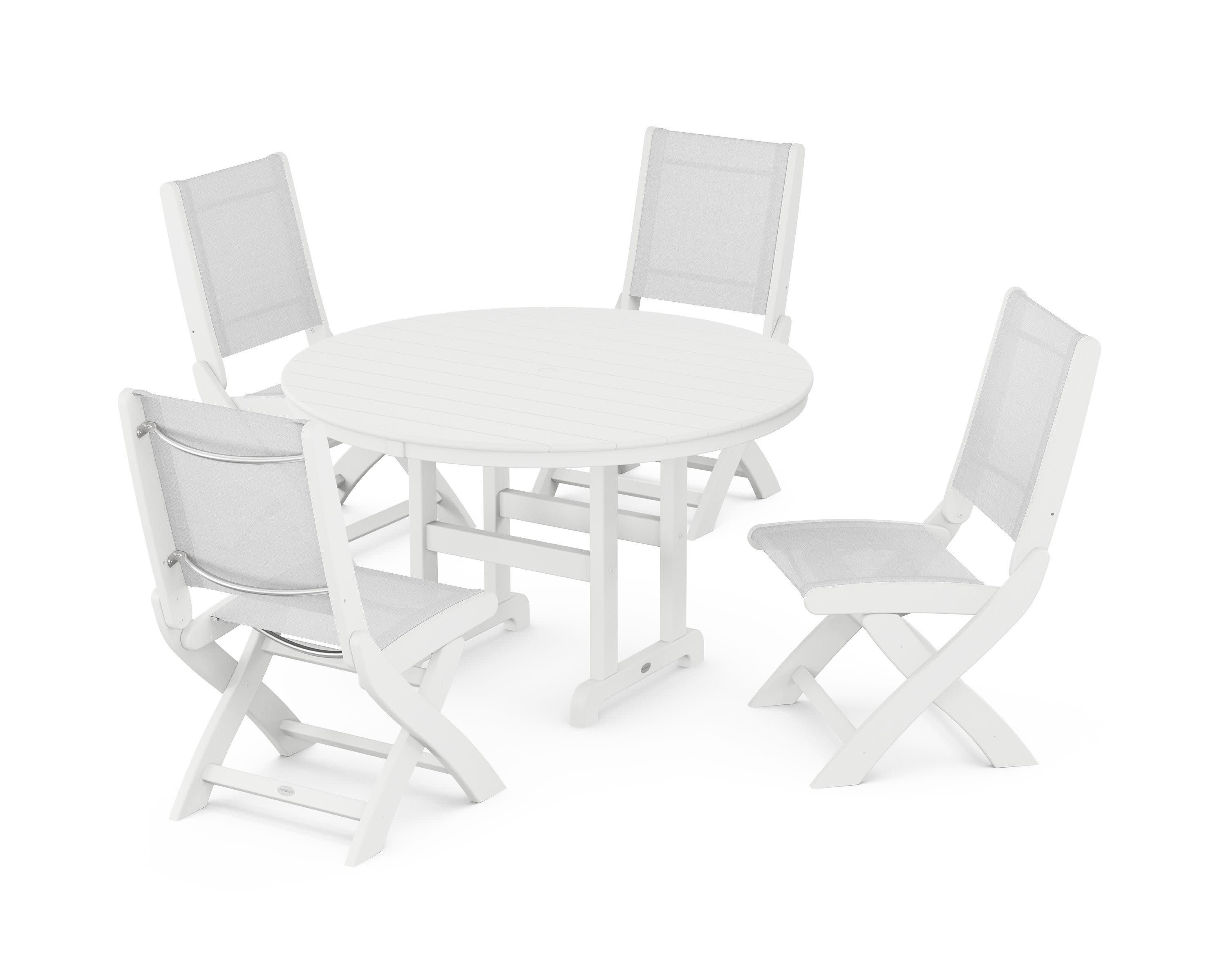 Coastal Folding Side Chair 5-Piece Round Dining Set in White / White Sling