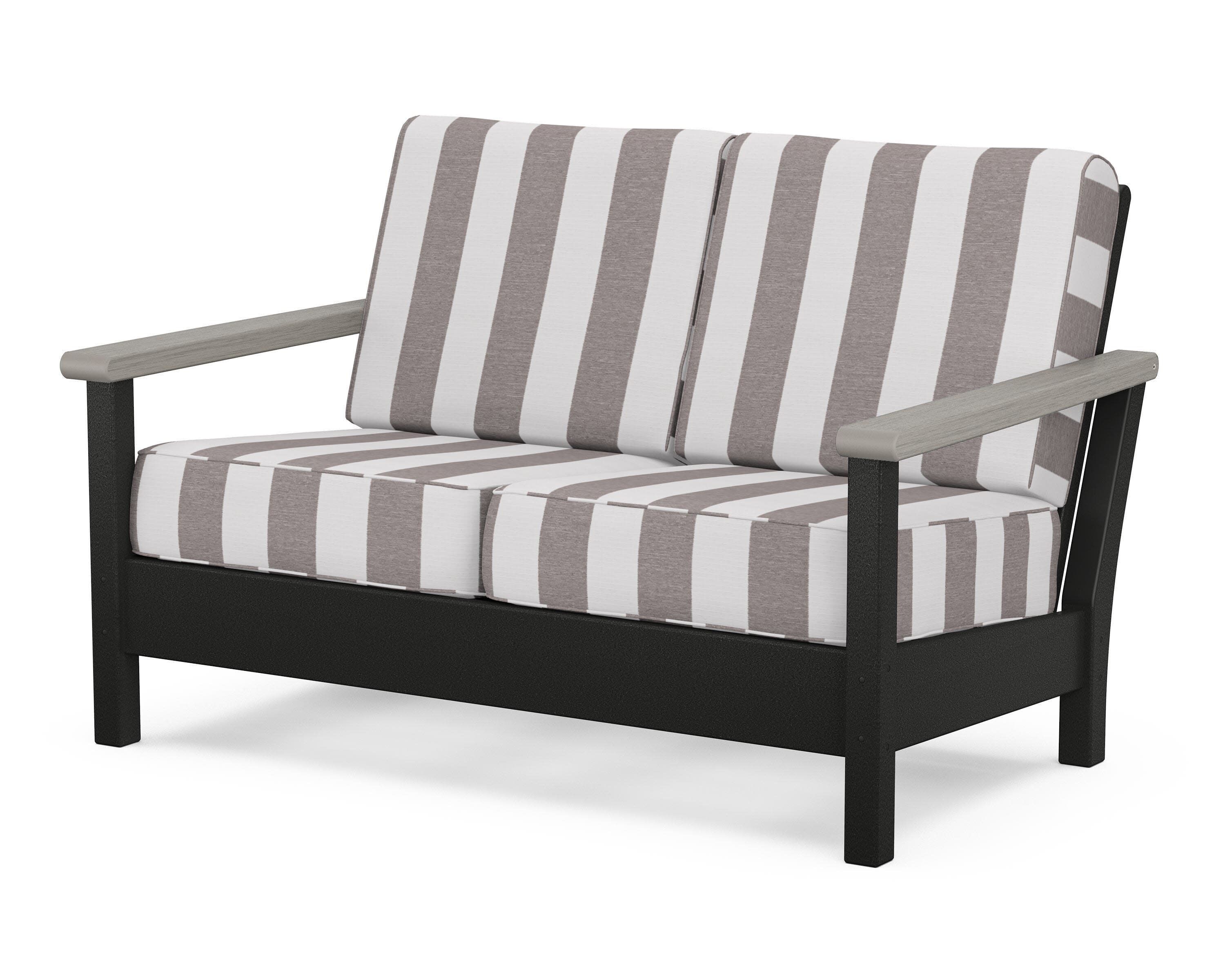 Harbour Deep Seating Loveseat in Black / Driftwood / Cabana Stripe Grey Mist