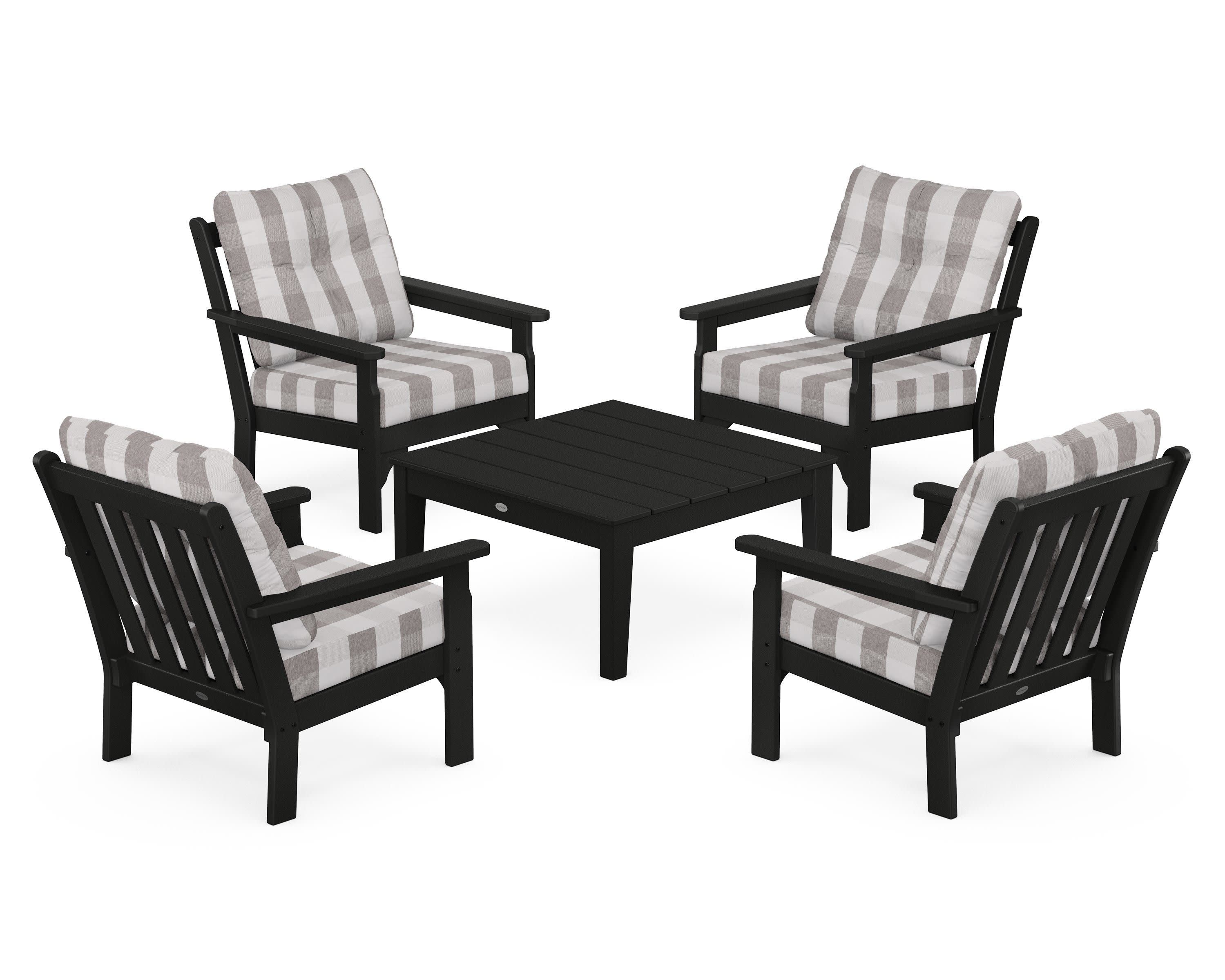 Vineyard 5-Piece Deep Seating Conversation Set in Black / Buffalo Plaid Grey Mist