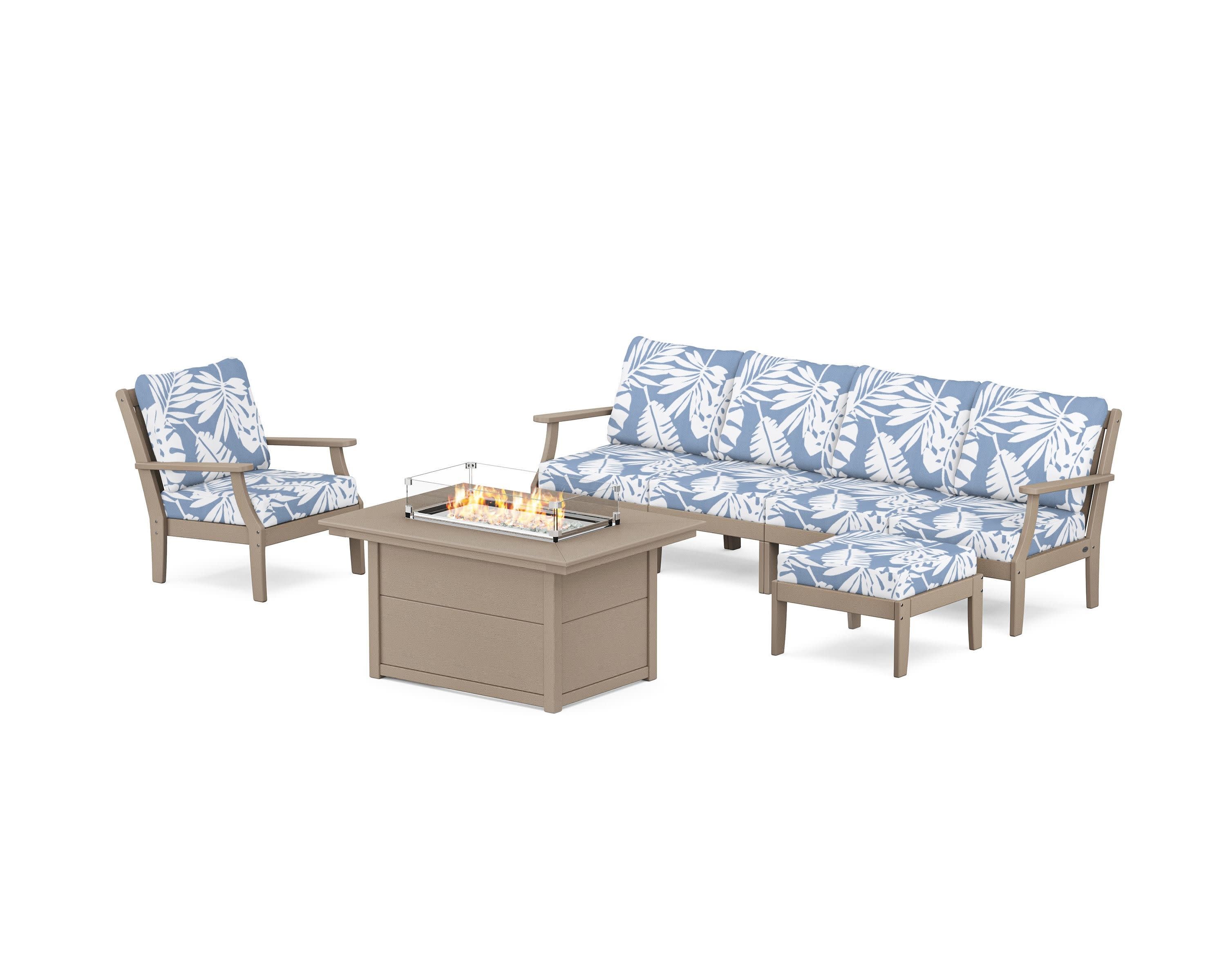 Braxton Sectional Lounge and Fire Pit Set in Vintage Sahara / Leaf Sky Blue
