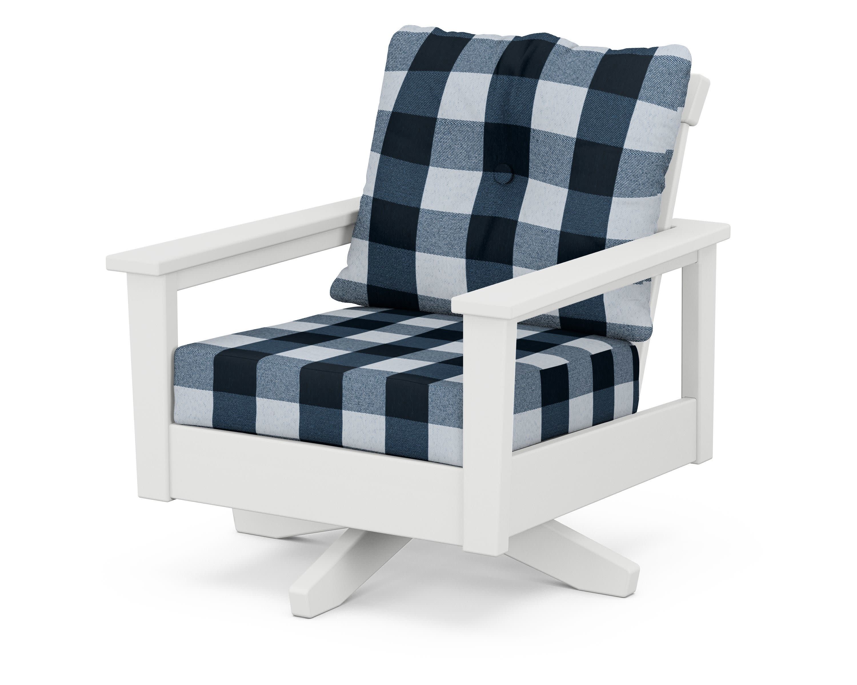Prescott Deep Seating Swivel Chair in White / Buffalo Plaid Marine Indigo