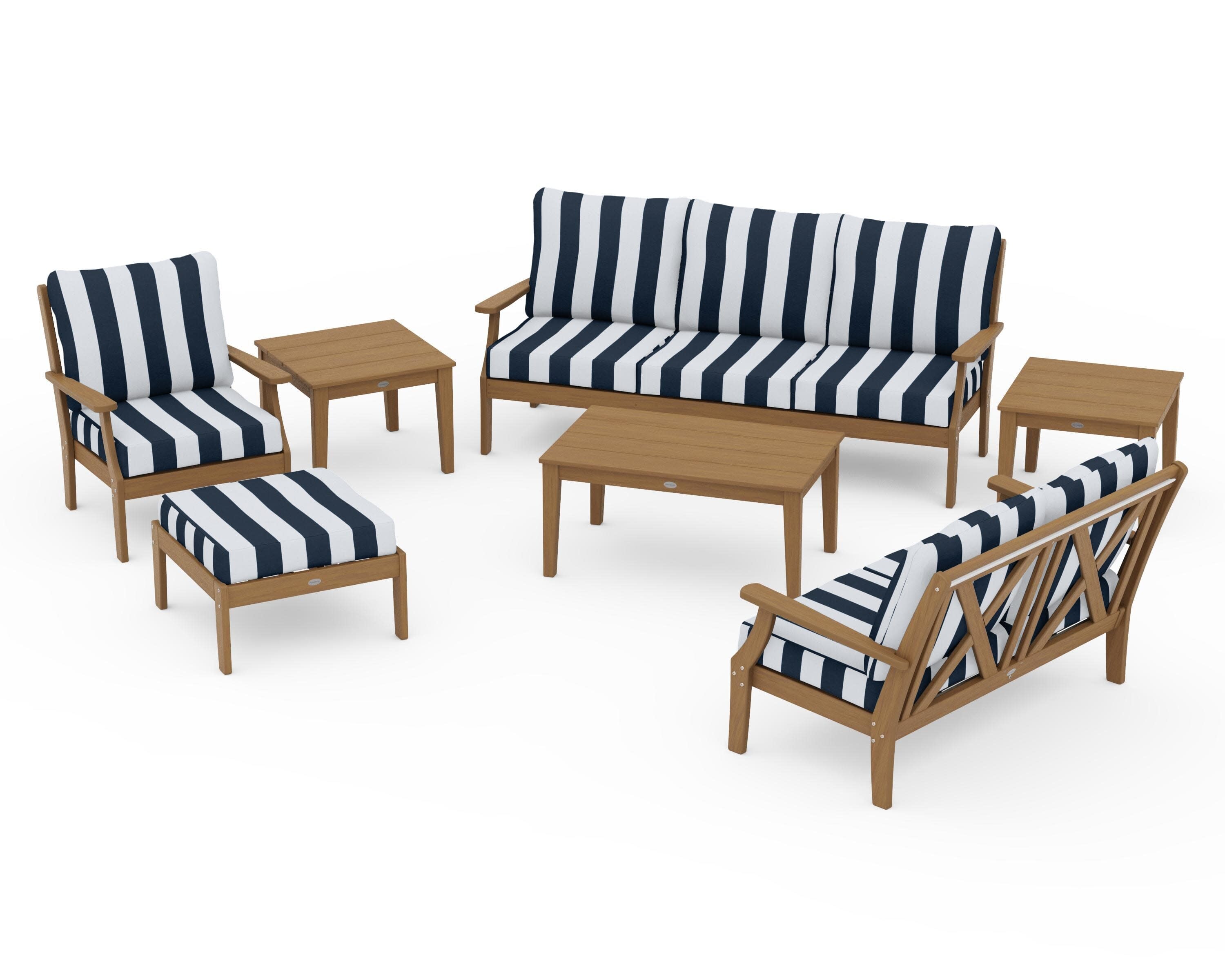 Braxton 7-Piece Deep Seating Set in Natural / Cabana Stripe Marine Indigo