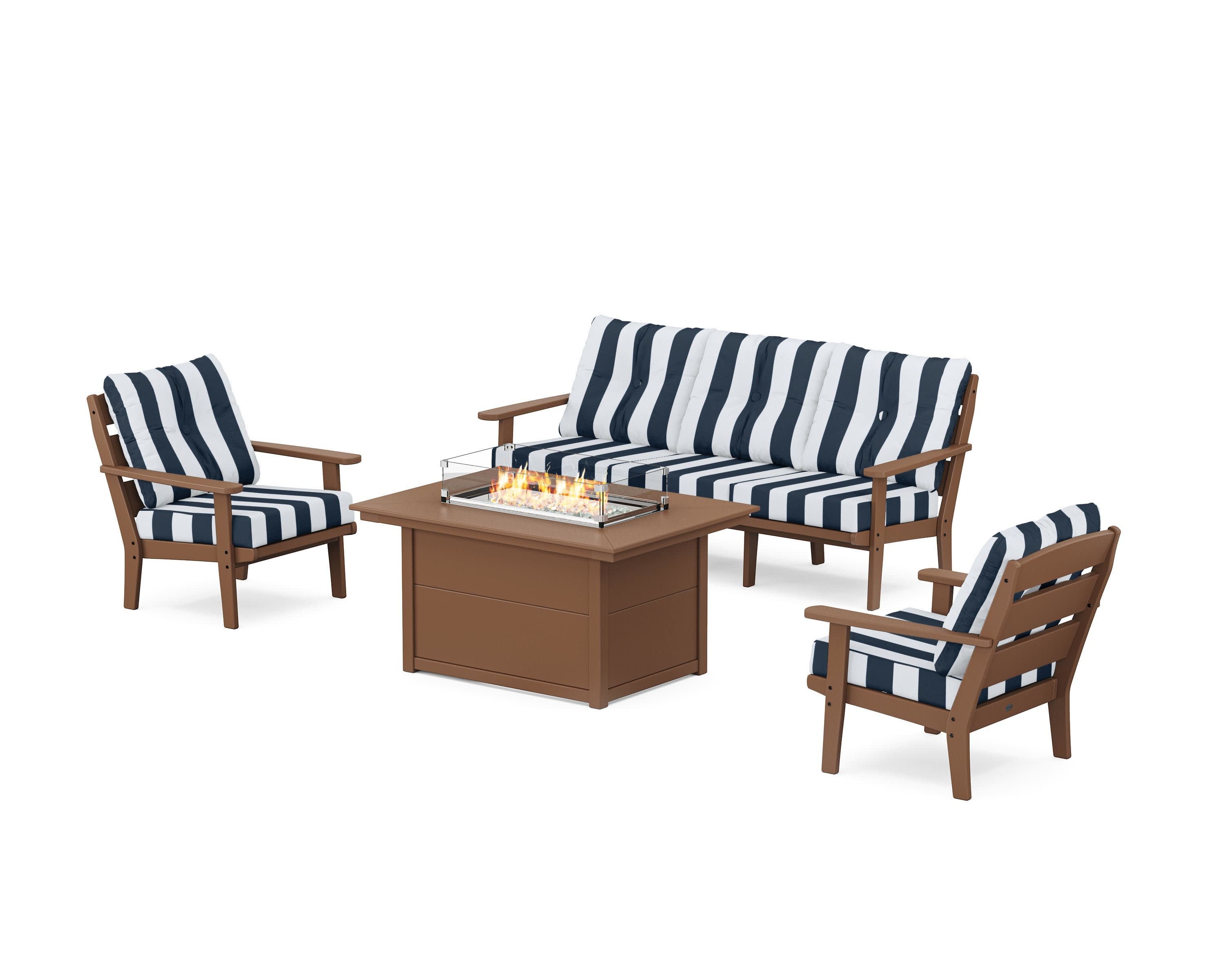 Lakeside Deep Seating Fire Pit Table Set in Teak / Cabana Stripe Marine Indigo