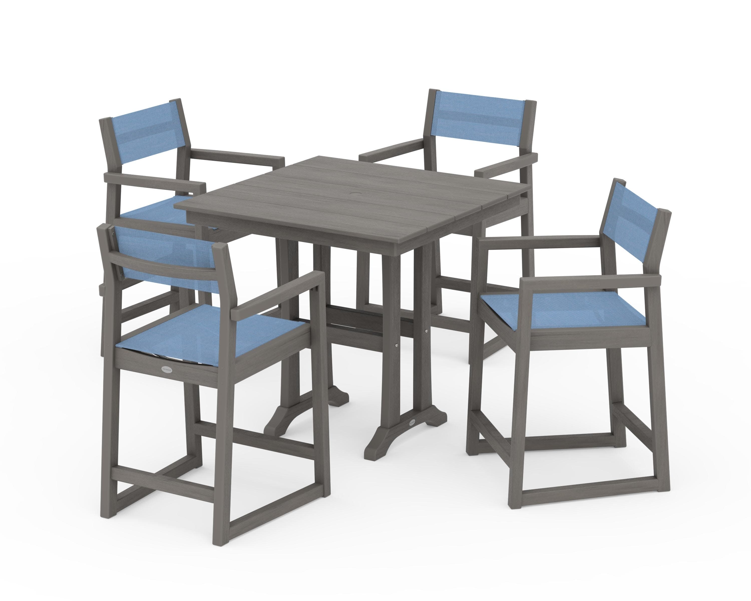 EDGE Sling Arm Chair 5-Piece Farmhouse Counter Set with Trestle Legs in Driftwood / Poolside Sling
