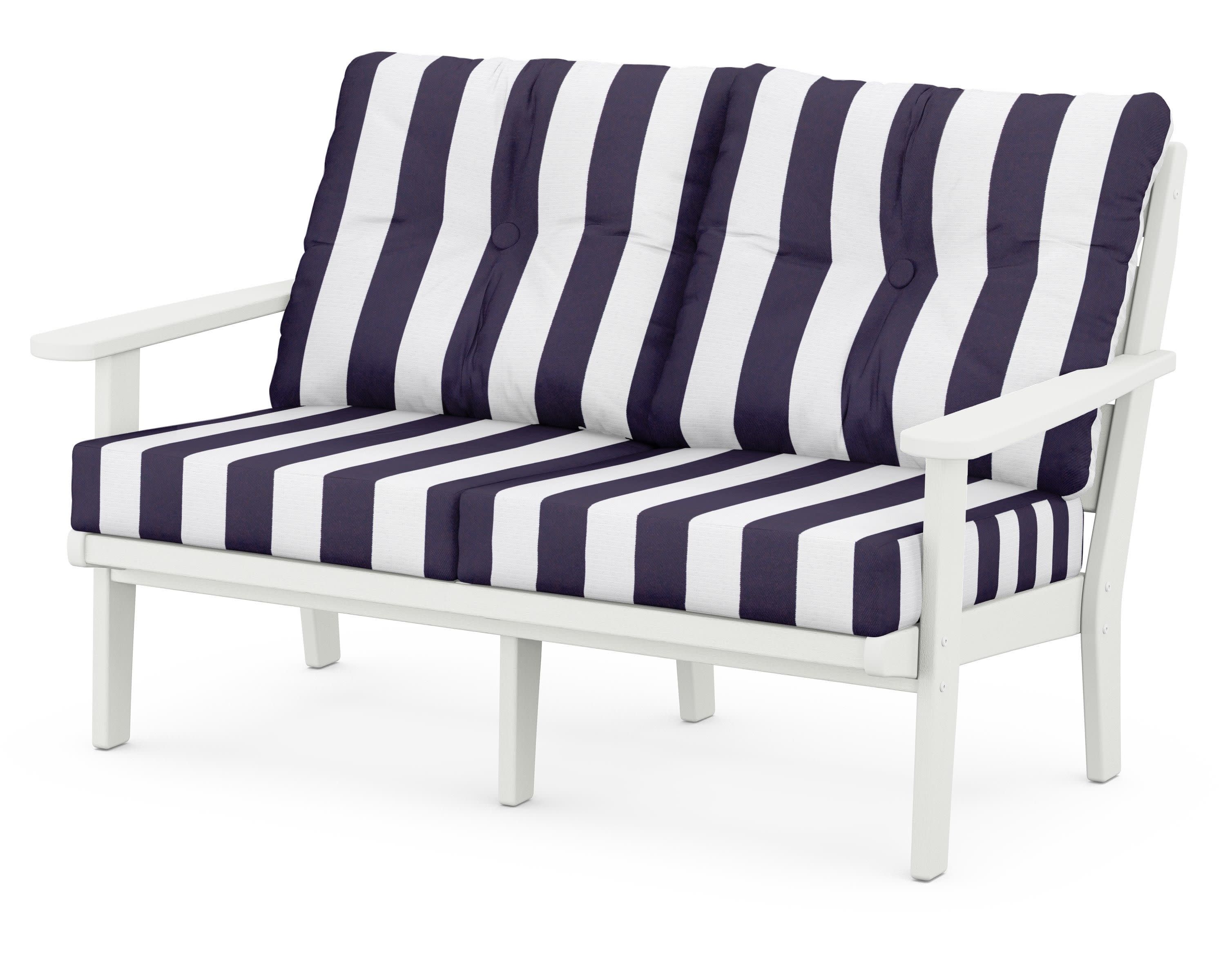 Lakeside Deep Seating Loveseat in Vintage White / Cabana Stripe Navy