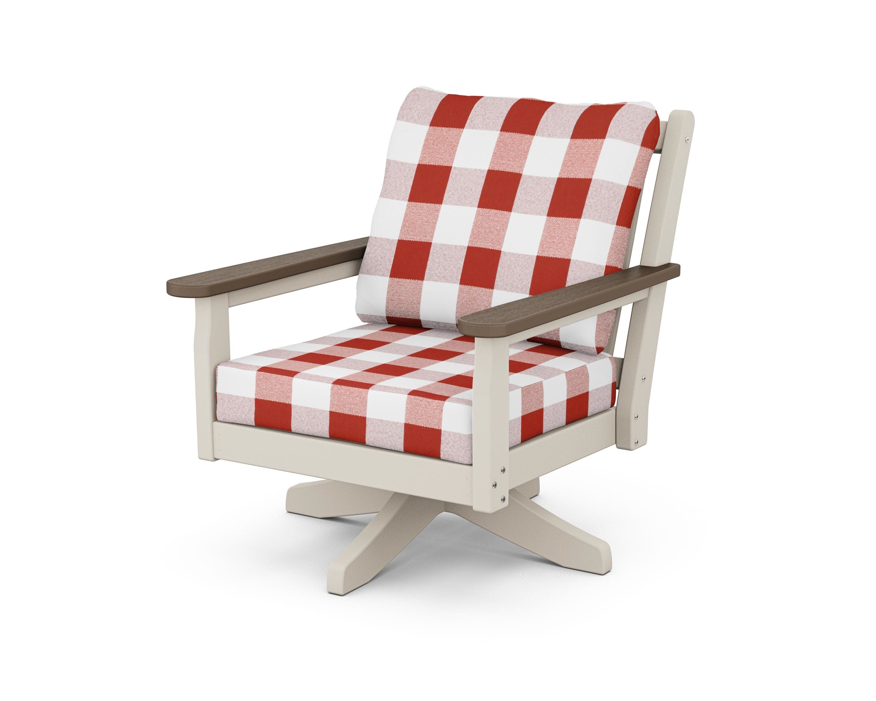 Chippendale Deep Seating Swivel Chair in Sand / Kona / Buffalo Plaid Crimson