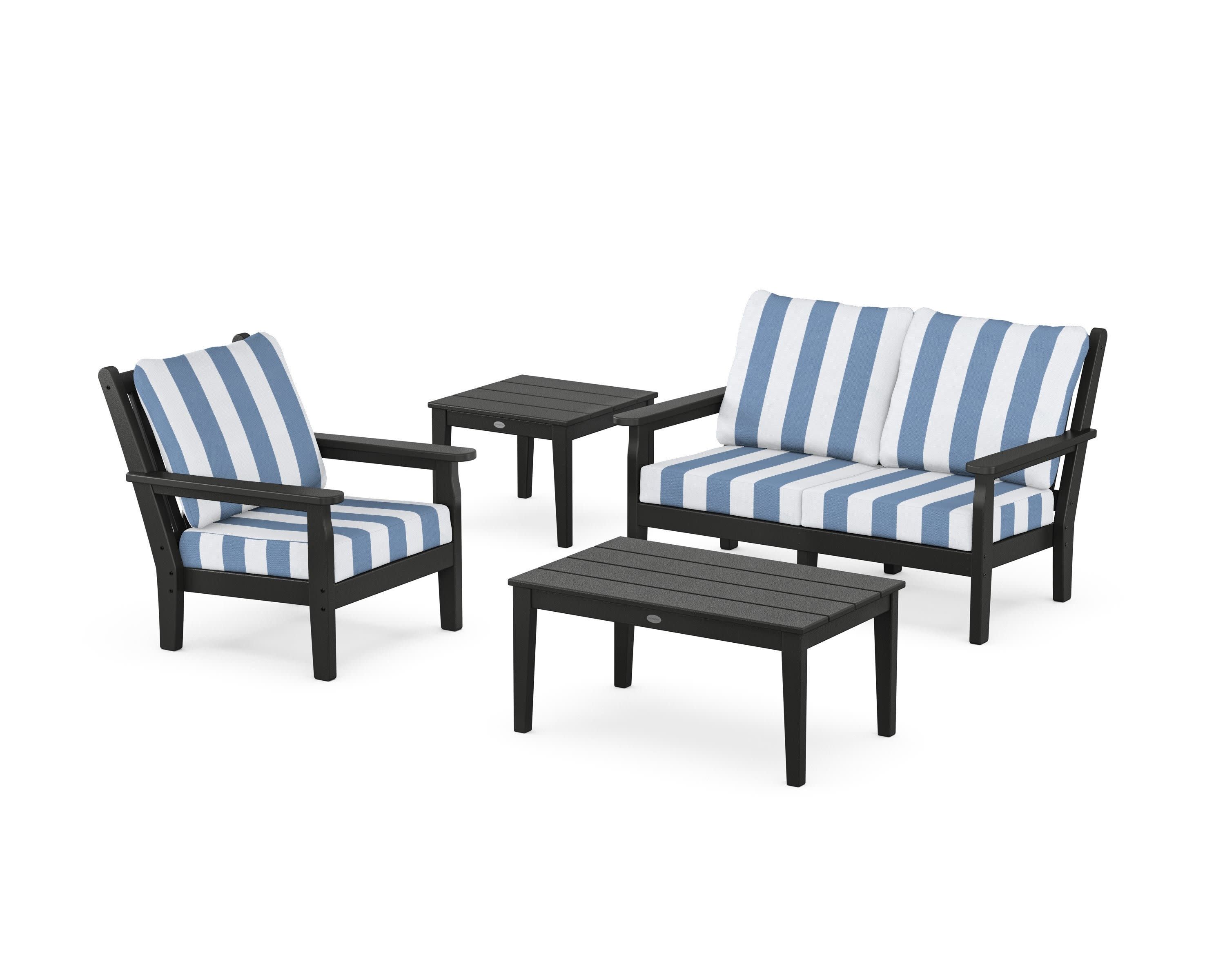 Chippendale 4-Piece Deep Seating Set in Black / Cabana Stripe Sky Blue