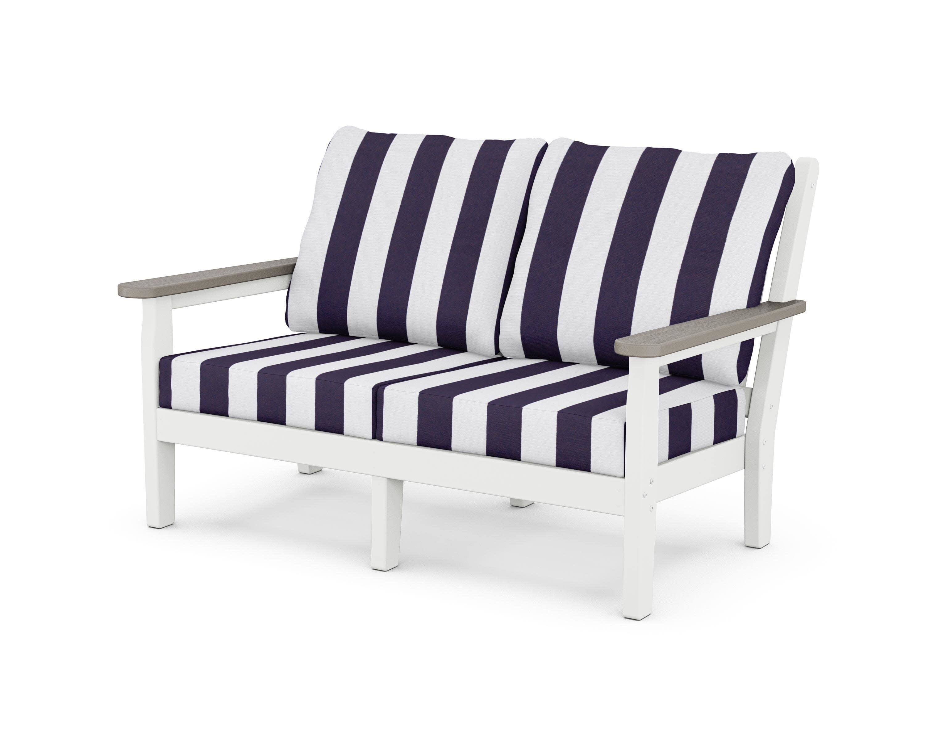 Chippendale Deep Seating Loveseat in White / Driftwood / Cabana Stripe Navy