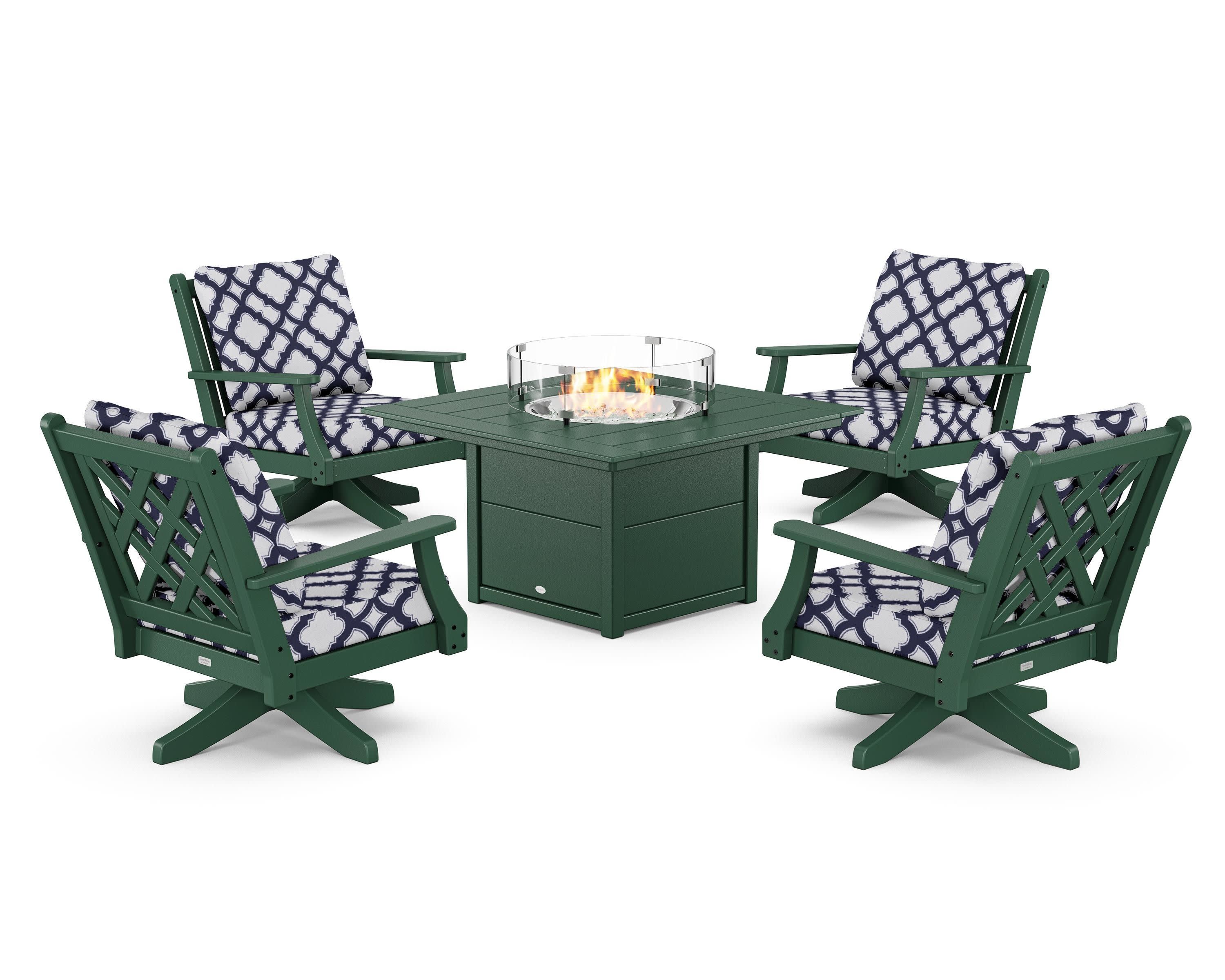 Wovendale 5-Piece Deep Seating Swivel Conversation Set with Fire Pit Table in Green / Trellis Navy